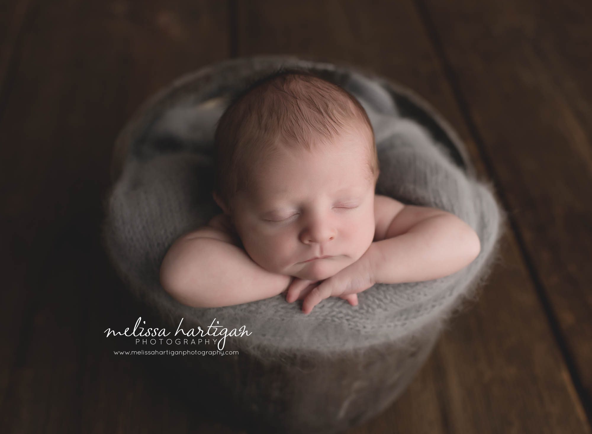 Melissa Hartigan Photography Coventry CT Newborn & Maternity Photographer Coventry CT Maternity Newborn Session Chase sleeping in wooden bowl with gray knit blanket