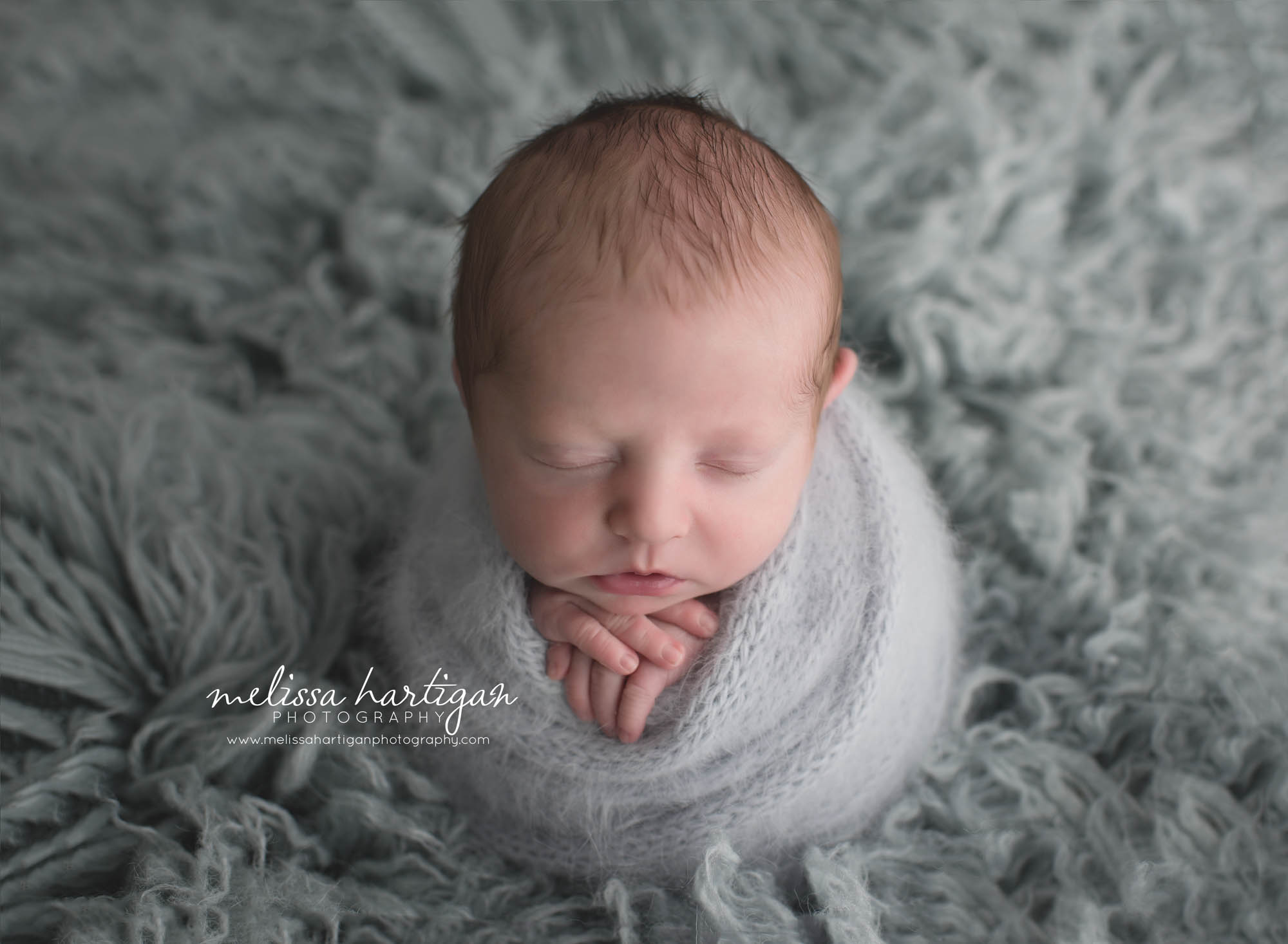 Melissa Hartigan Photography Coventry CT Newborn & Maternity Photographer Coventry CT Maternity Newborn Session Chase in gray wrap sleeping on gray flokati