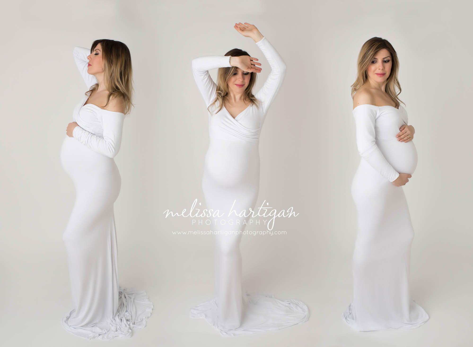 Melissa Hartigan Photography Connecticut Best Maternity Photographer in CT Coventry Ct Middlefield CT baby Fairfield county Newborn and maternity CT photographer Maternity photographer Mommy-to-be indoor session wearing white maternity dress standing in three poses
