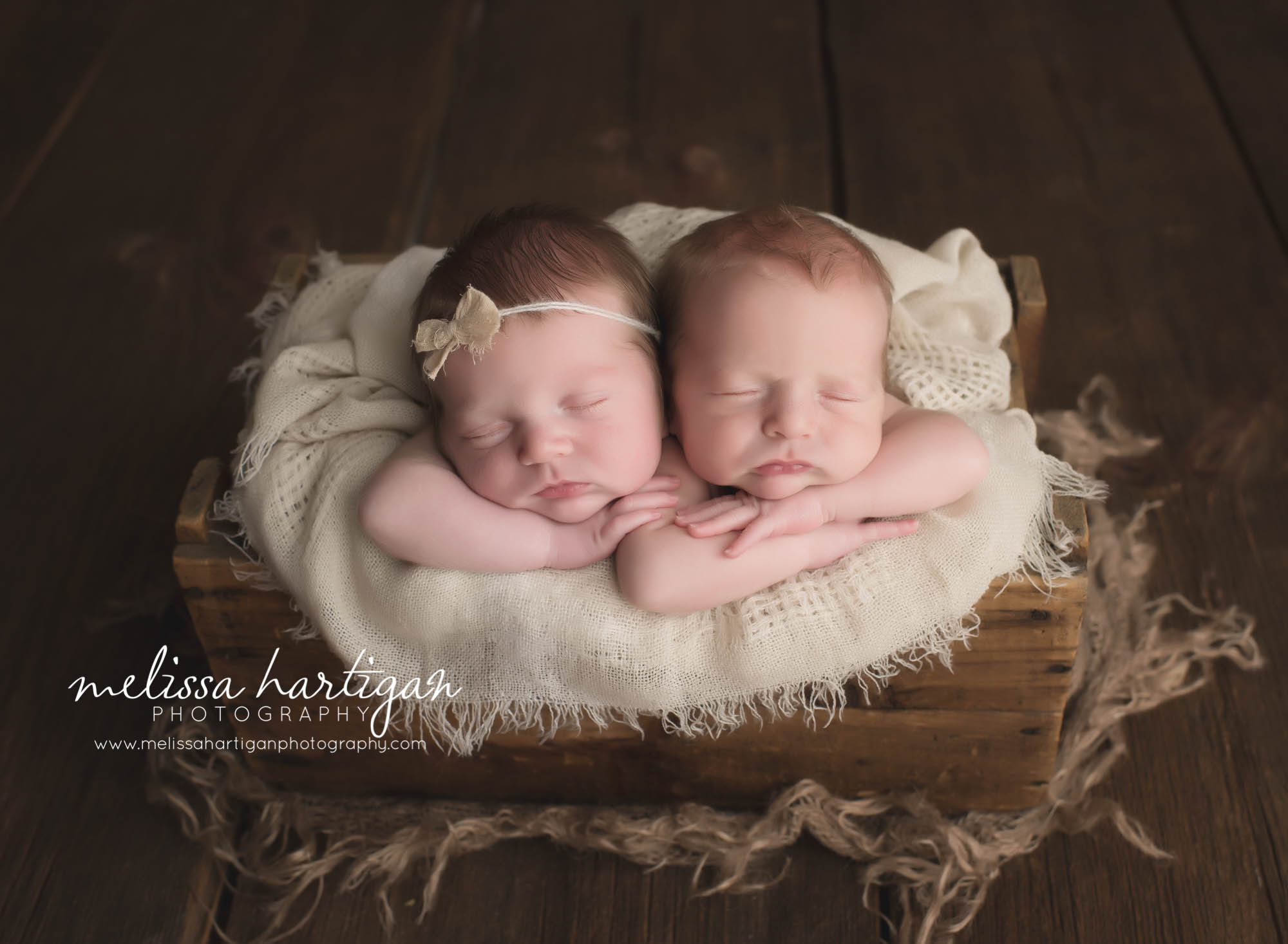 Melissa Hartigan Photography Connecticut Newborn Twin Photographer Coventry Ct Middlefield CT baby Fairfield county Newborn and maternity CT photographer Newborn twin photographer baby twins in wooden box with cream knit blanket