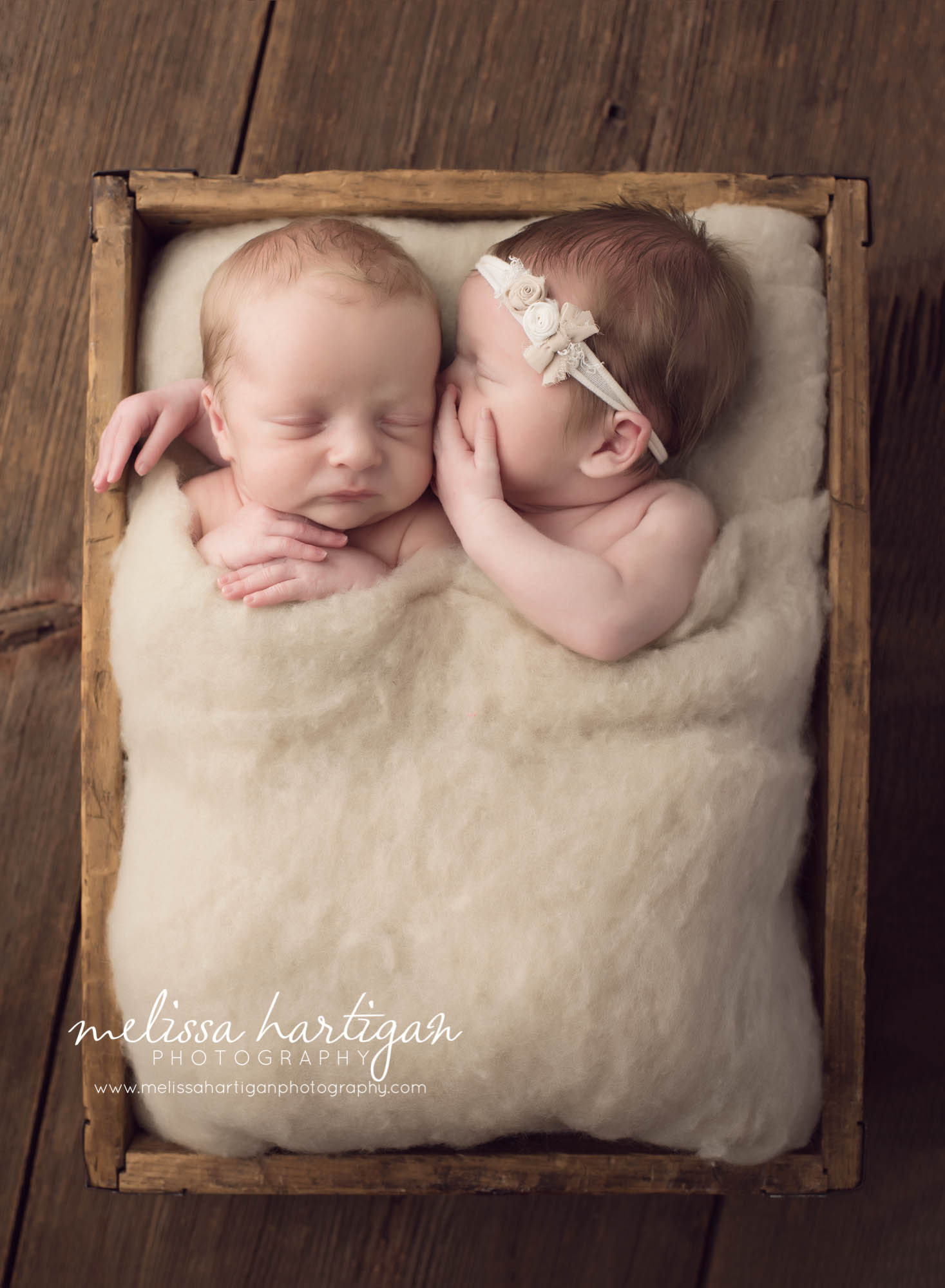 Melissa Hartigan Photography Connecticut Newborn twin Photographer Coventry Ct Middlefield CT baby Fairfield county Newborn and maternity CT photographer Newborn twin photographer baby twins sleeping in wooden box baby sister whispering to brother