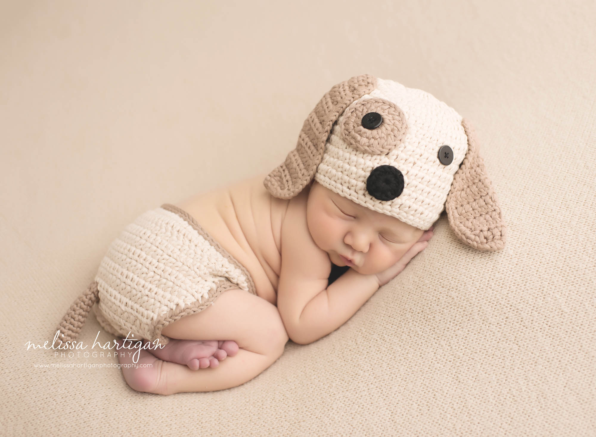 Melissa Hartigan Photography CT Newborn Photographer Braeden Newborn Session baby boy sleeping wearing knit dog hat and diaper cover