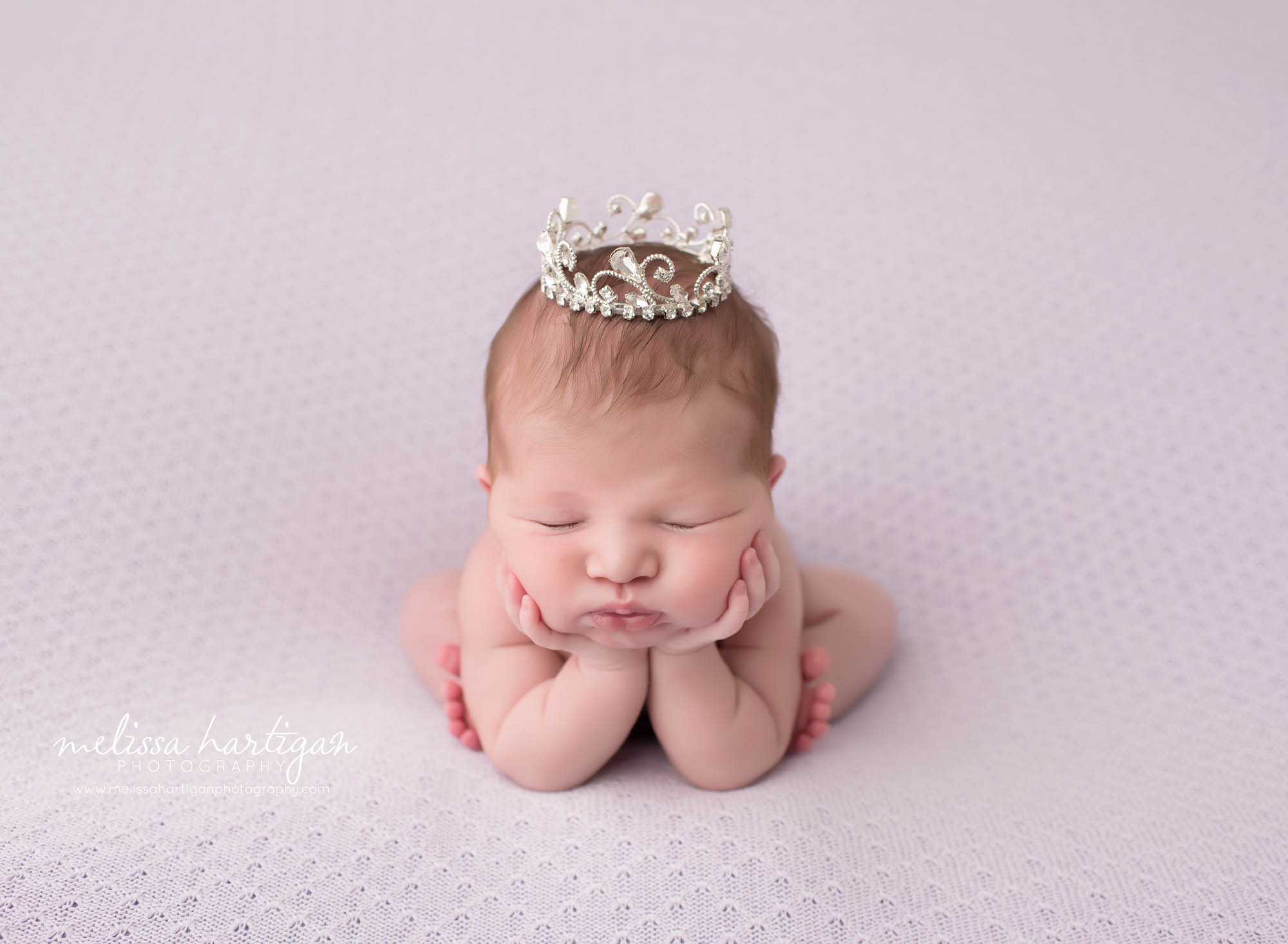 Melissa Hartigan Photography CT Newborn Photographer Ashford baby girl sleeping in froggy pose wearing tiara