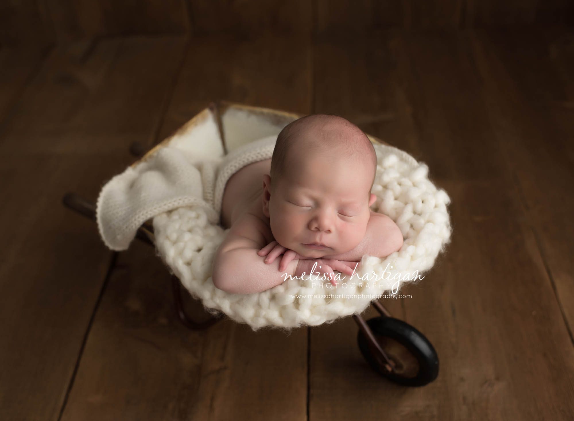 Melissa Hartigan Photography CT Newborn Photographer Taave CT Newborn Session baby boy sleeping in little wheelbarrow with chunky white blanket