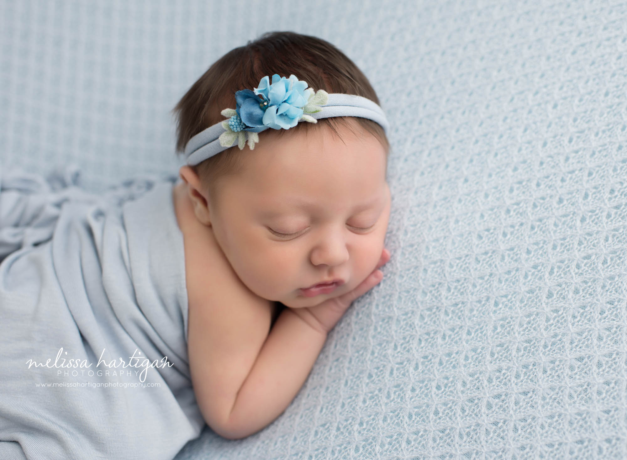 Leila CT Newborn Session baby girl sleeping on blue blanket
