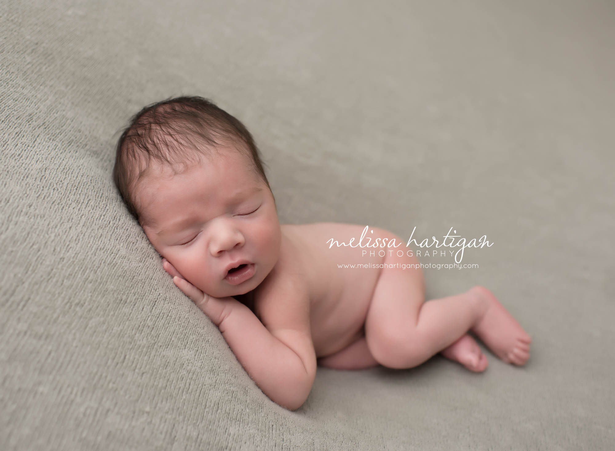CT Newborn Photographer baby boy sleeping on gray blanket