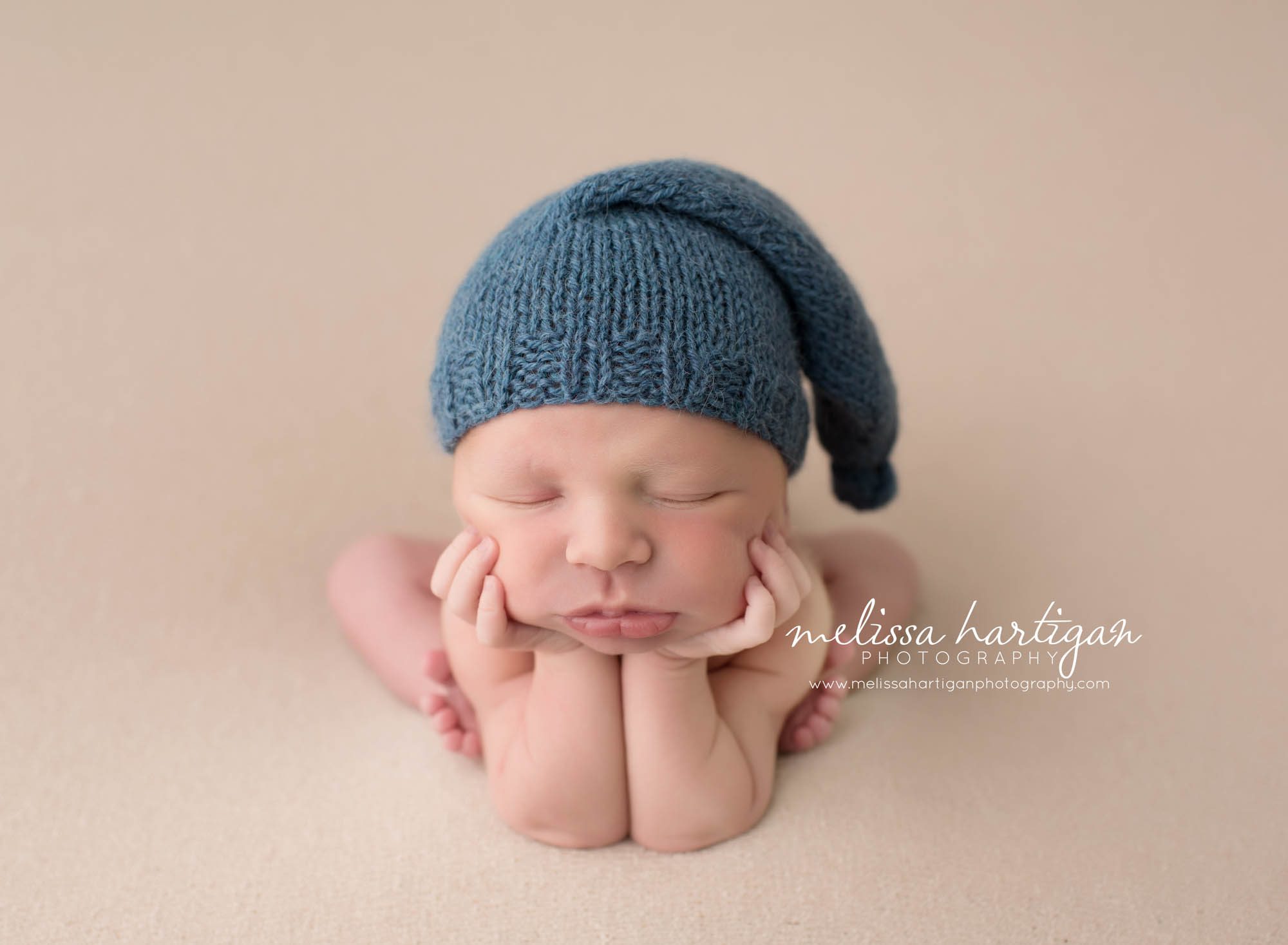 CT Baby Photography Newborn in froggy pose with blue knit hat