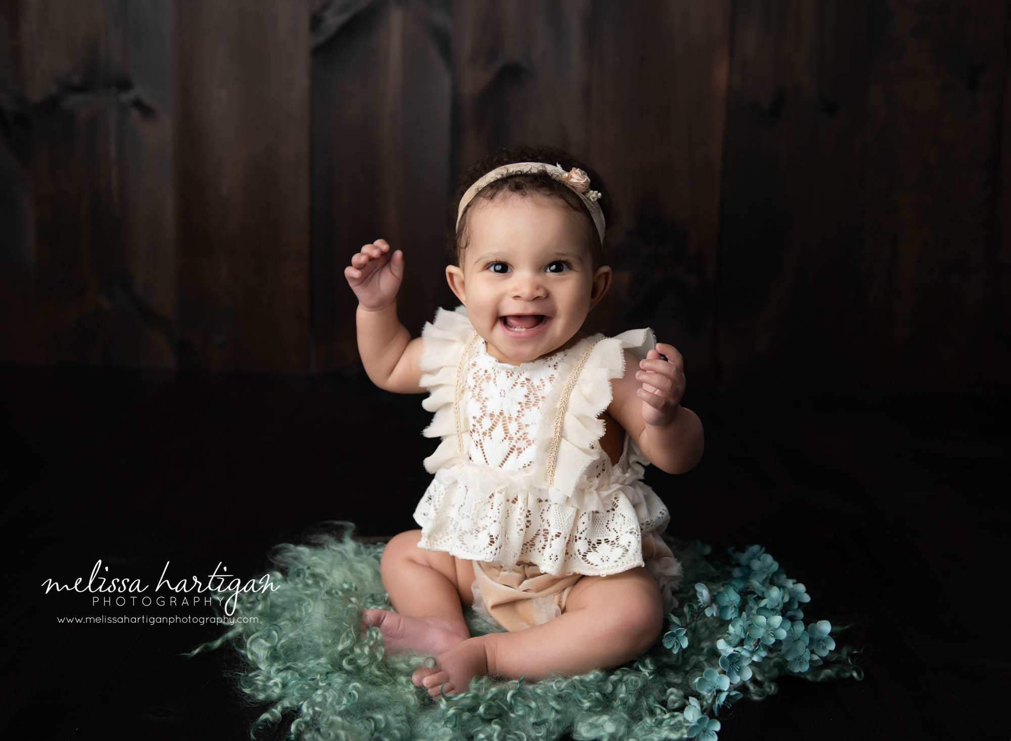 sitting milestone baby session in studio cream lace and turqoise colors baby photographer in Coventry CT