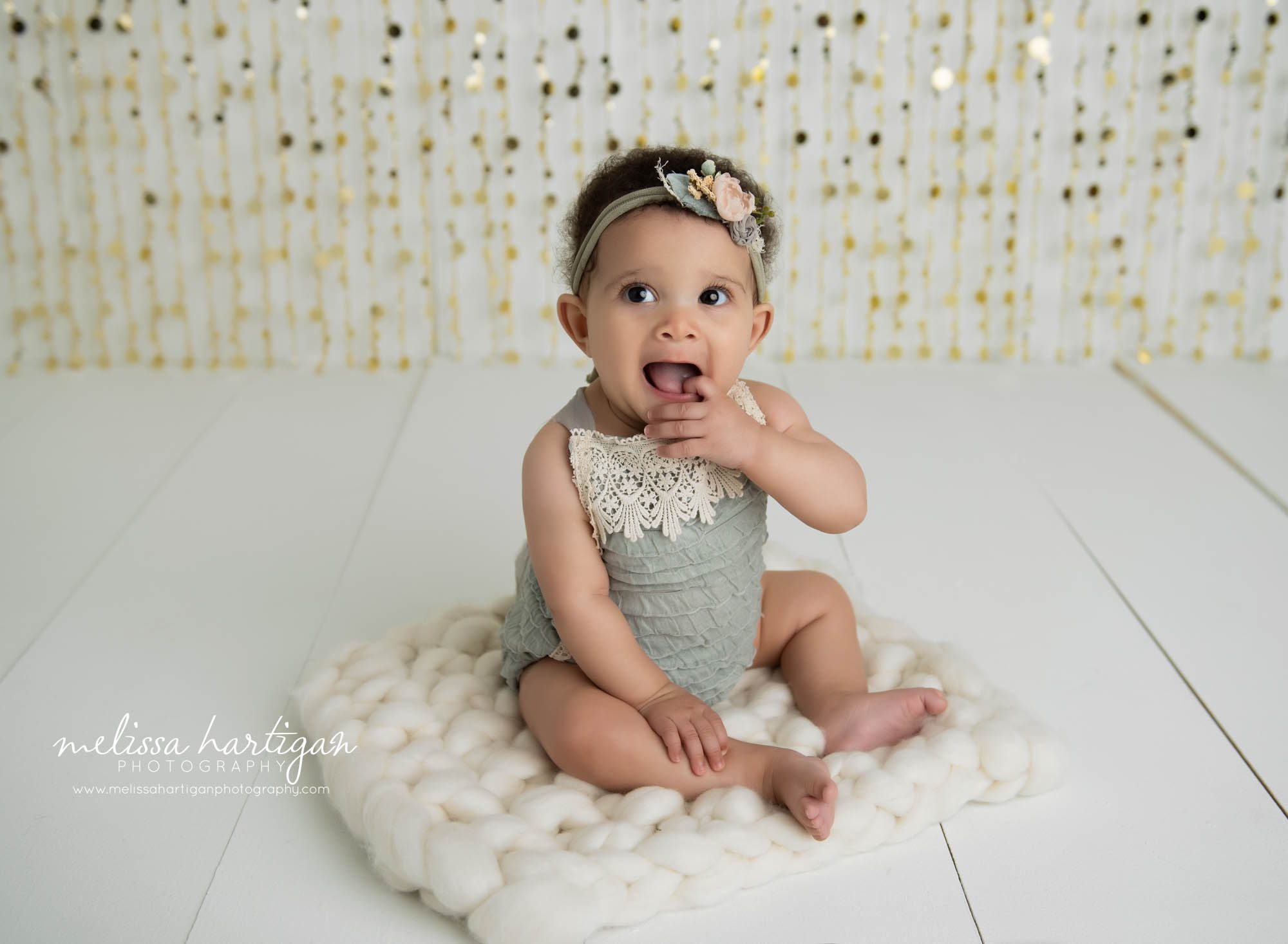 Baby girl sitting pose baby milestone session CT baby photographer Melissa Hartigan Photography