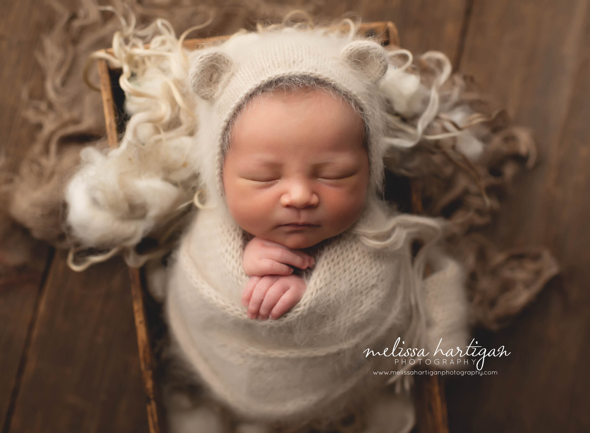 Baby boy wrapped in crate wearing knitted bear bonnet CT Newborn Photography