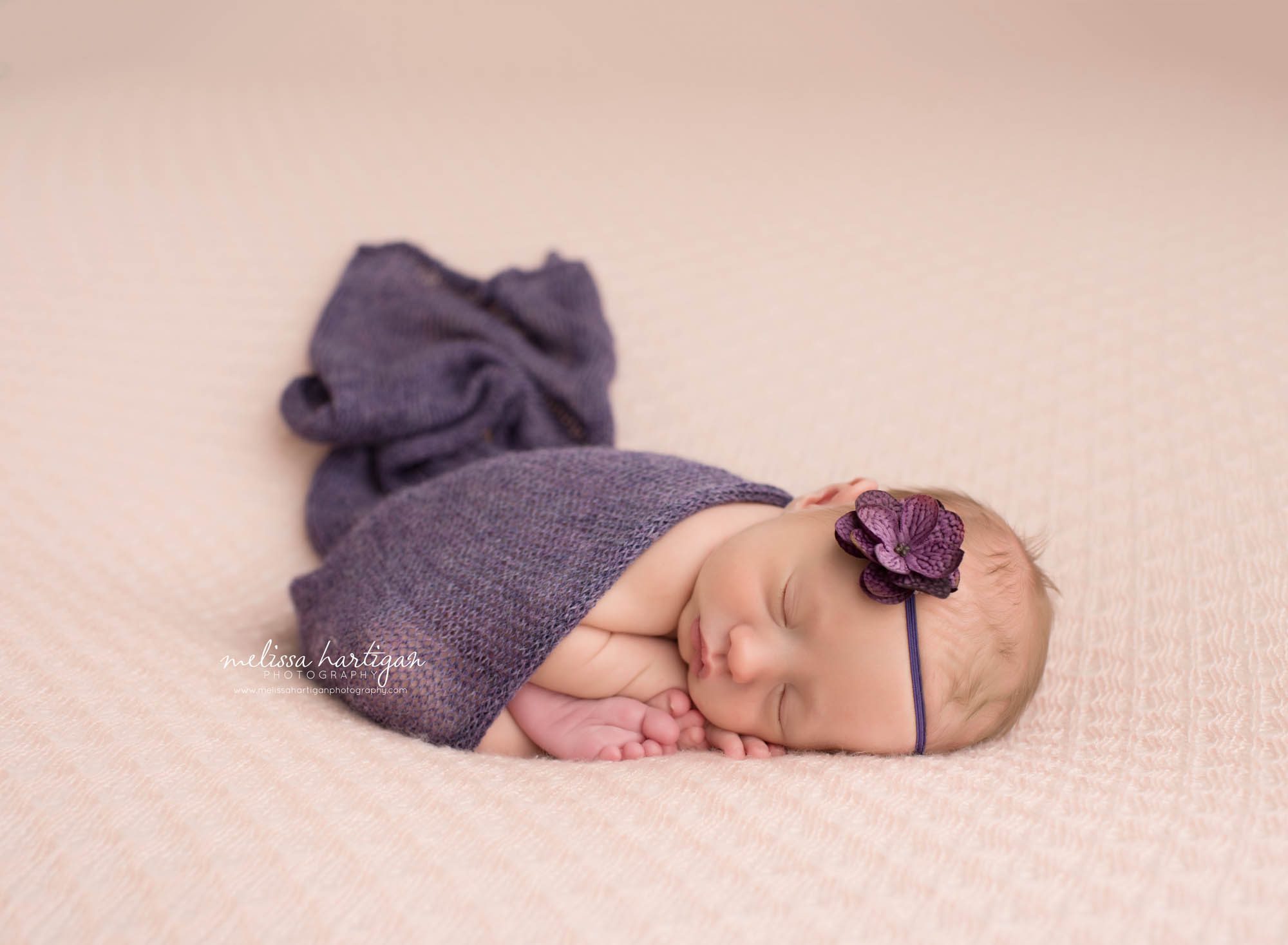 Baby girl taco pose with purple knitted layer wrapped around her Baby Photos CT