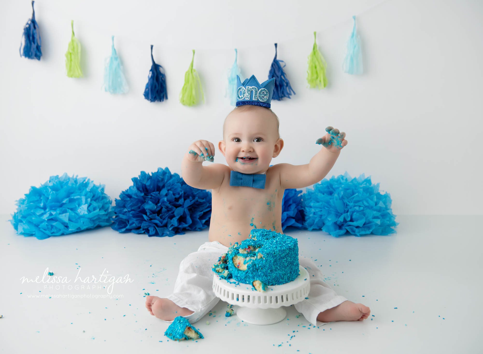 baby boy cake smash studio photo session blue and green colors
