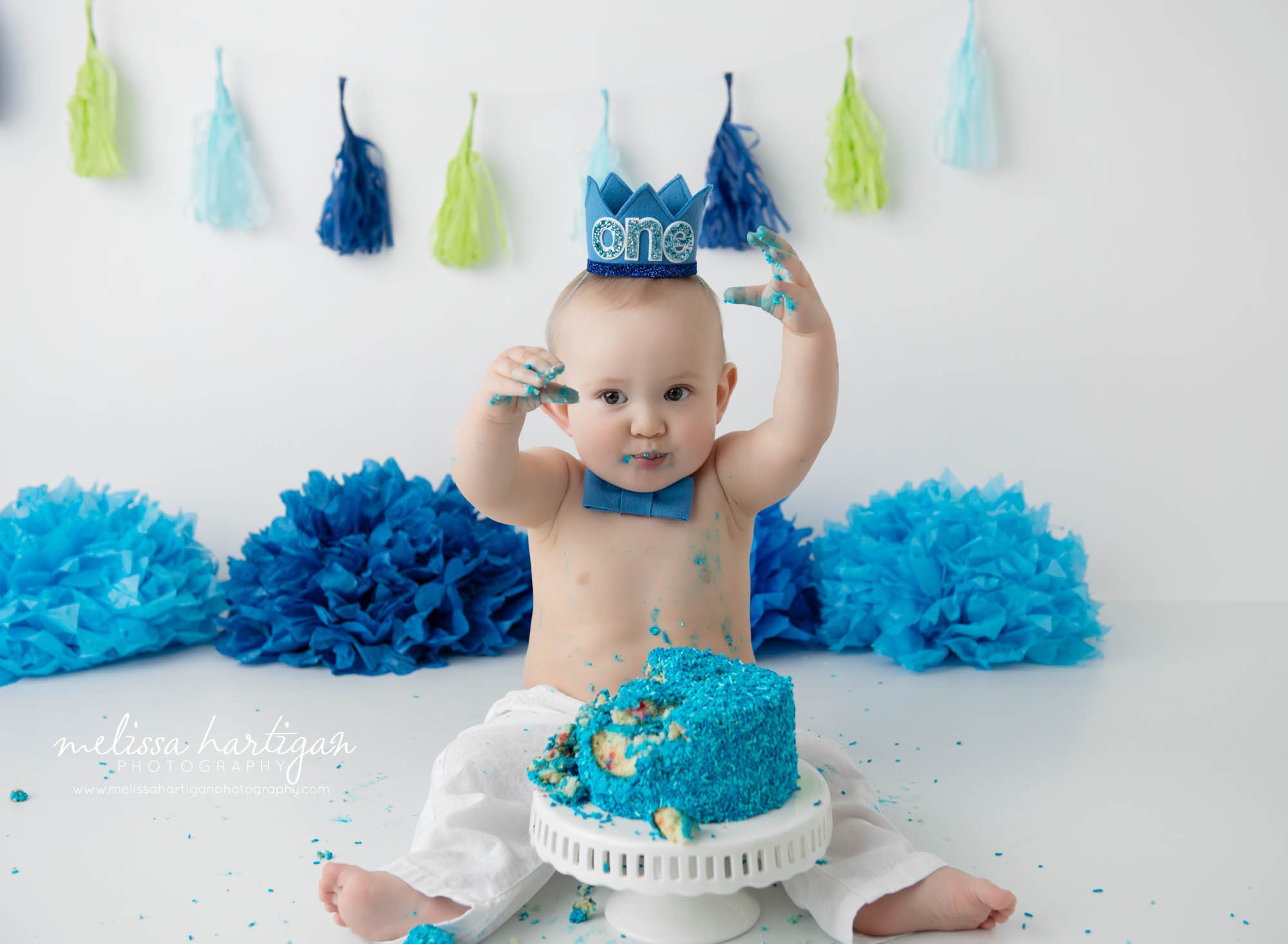 baby boy cake smash photo session with blue and green colors