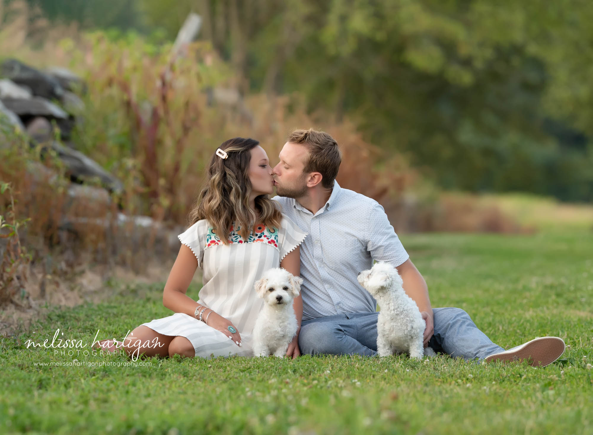 married couple kissing with their two dogs sitting beside them family Photography session