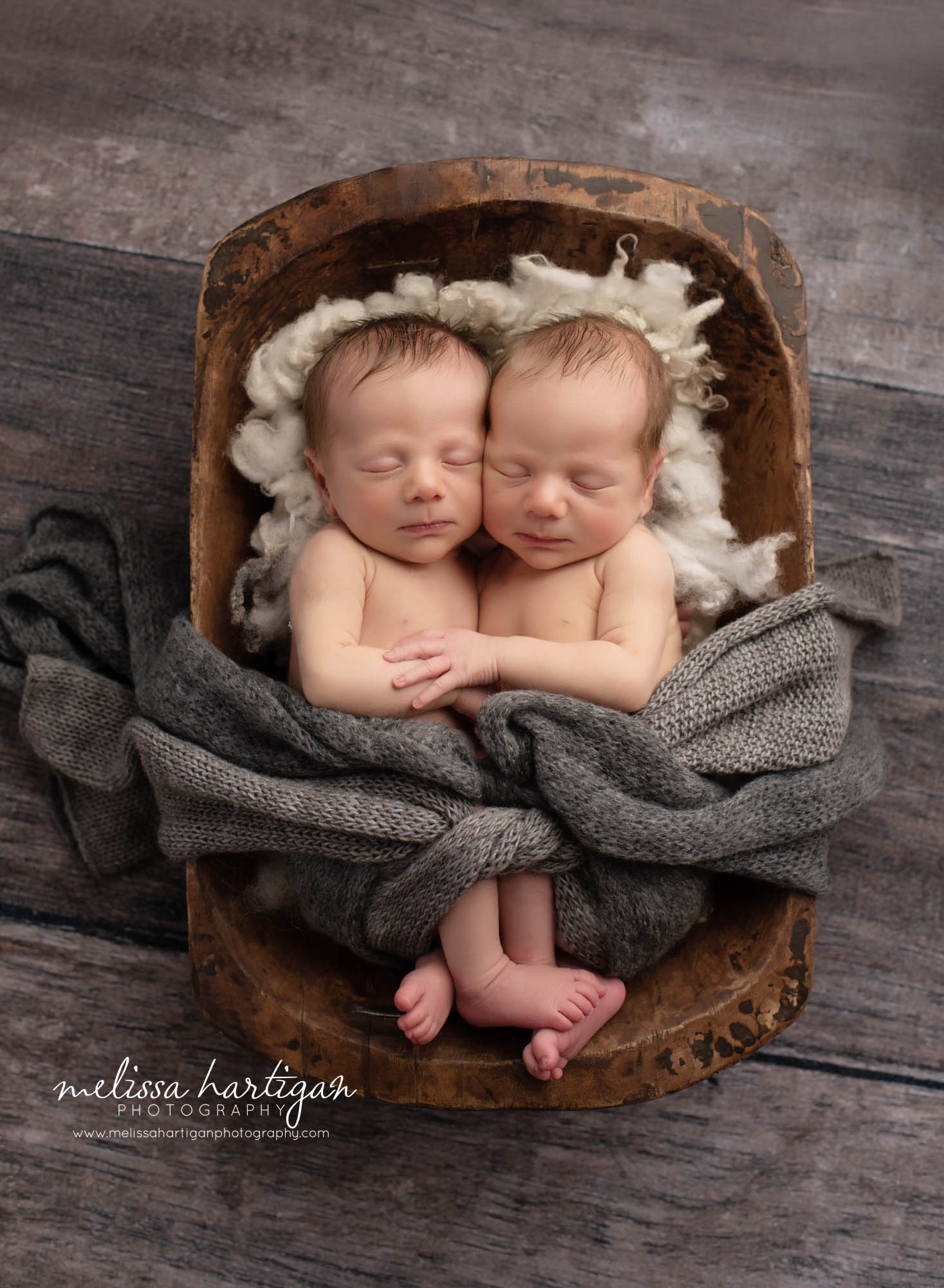 twin newborn boys posed in wooden prop with grey wraps Newborn Photography CT