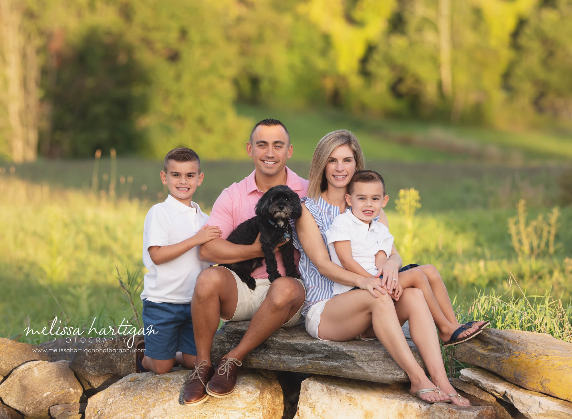 mom dad two young sons and family dog family photo Hartford County Family Photography