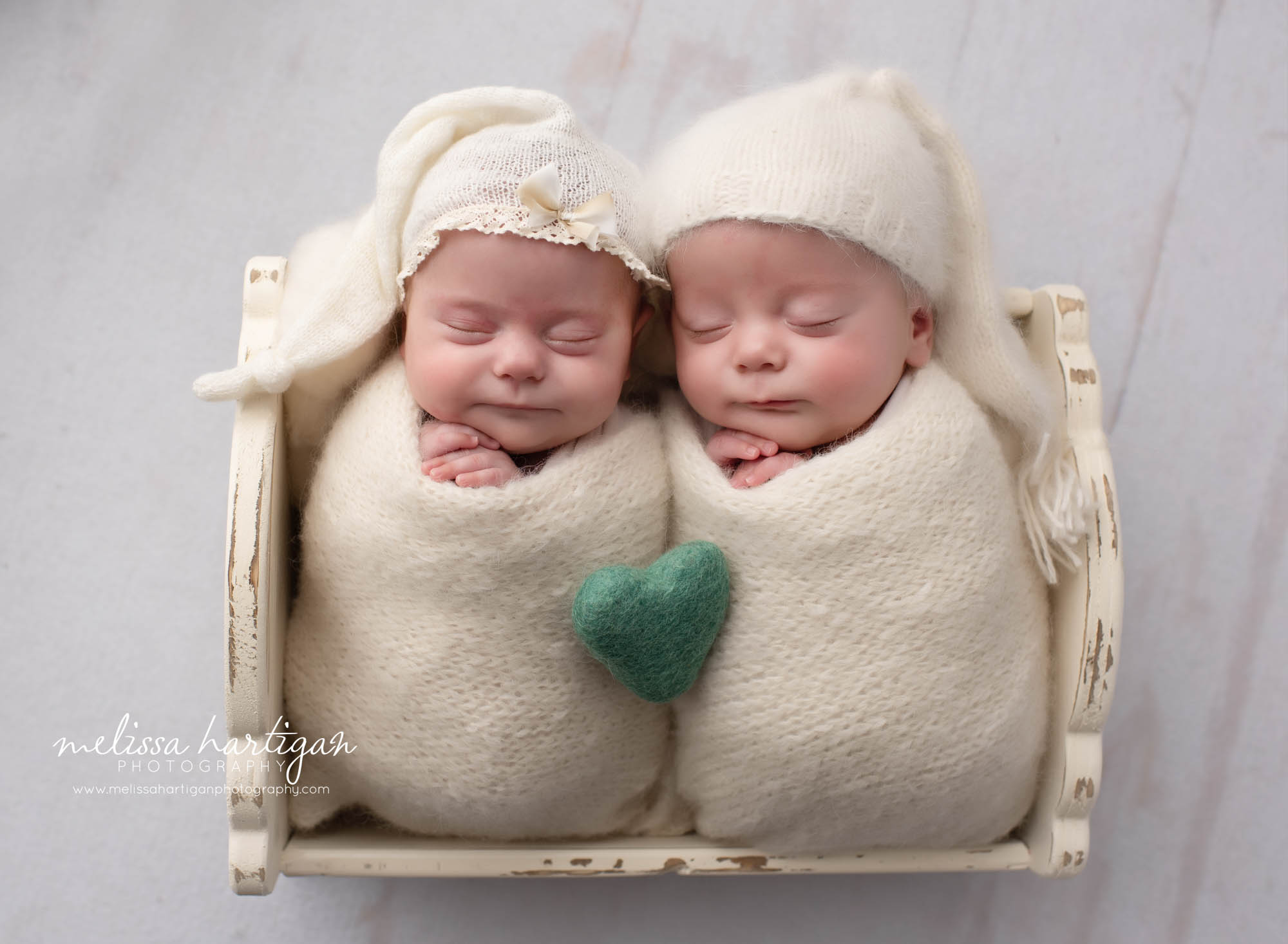 newborn boy girl twin babies posed in wooden prop newborn studio photography session