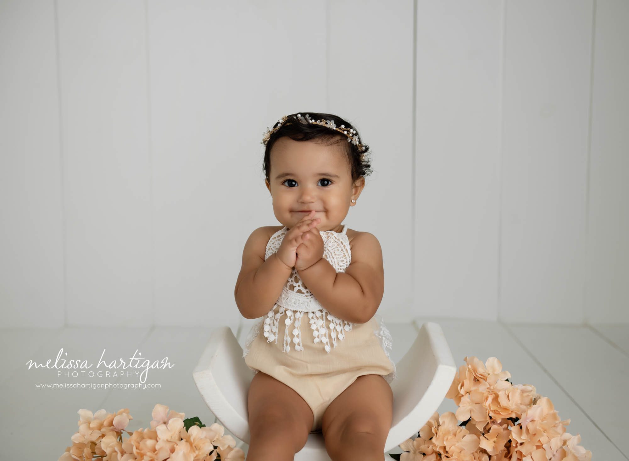 Baby girl wearing white lace outfit CT baby milestone photography session
