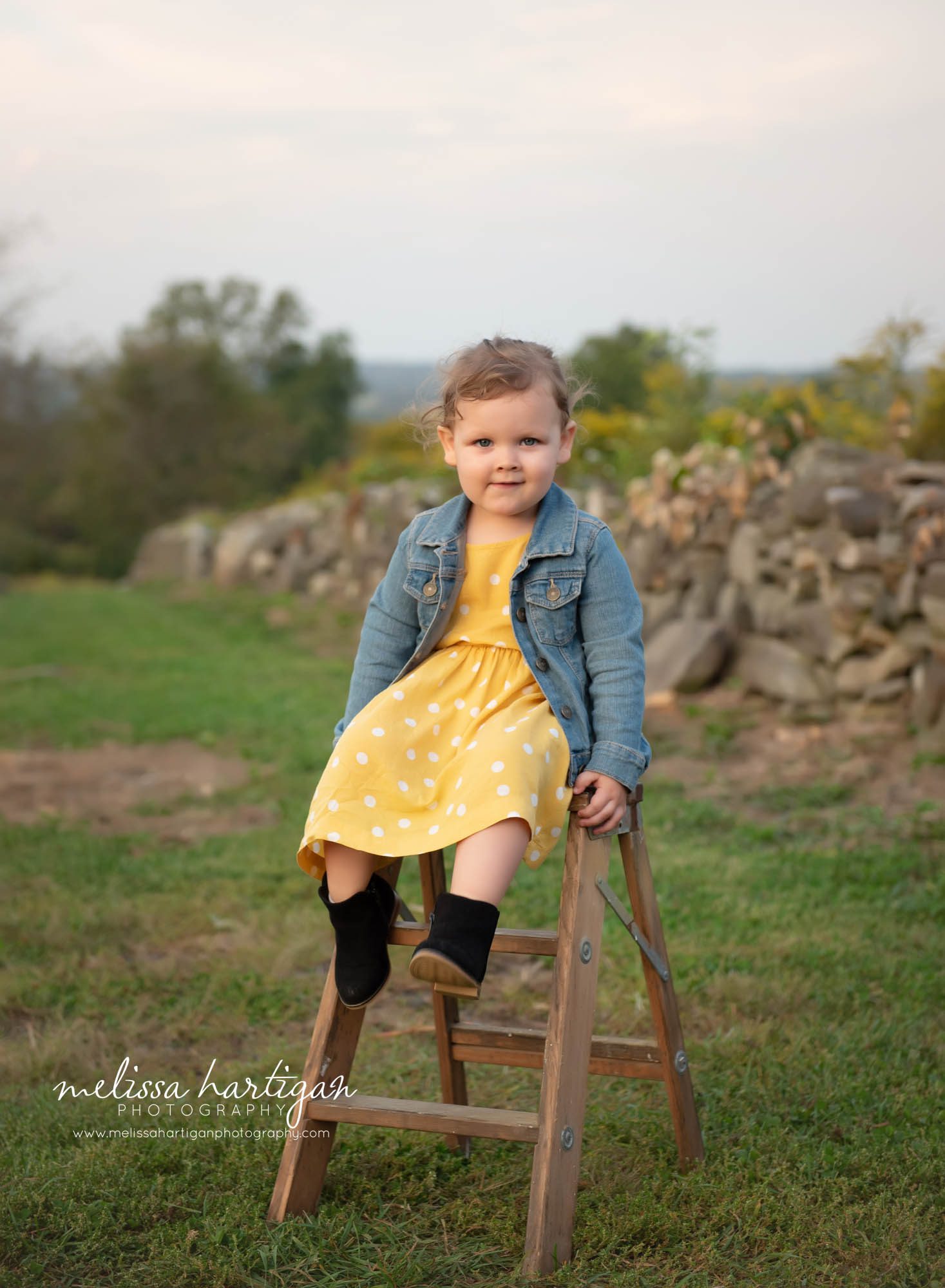 Little girl sitting on wooden step stool family photo session in CT park
