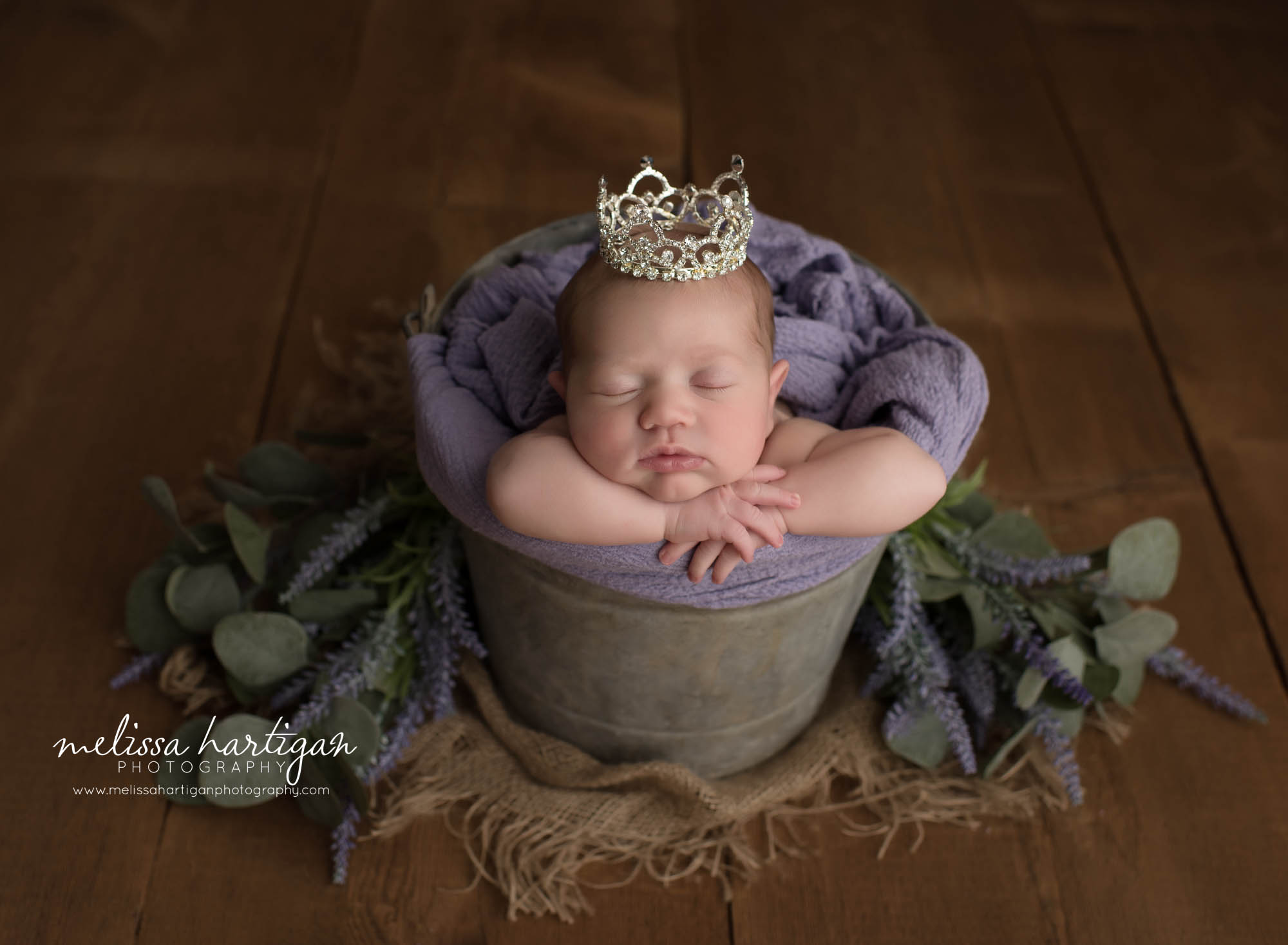 newborn baby girl posed in metal bucket with princess crown