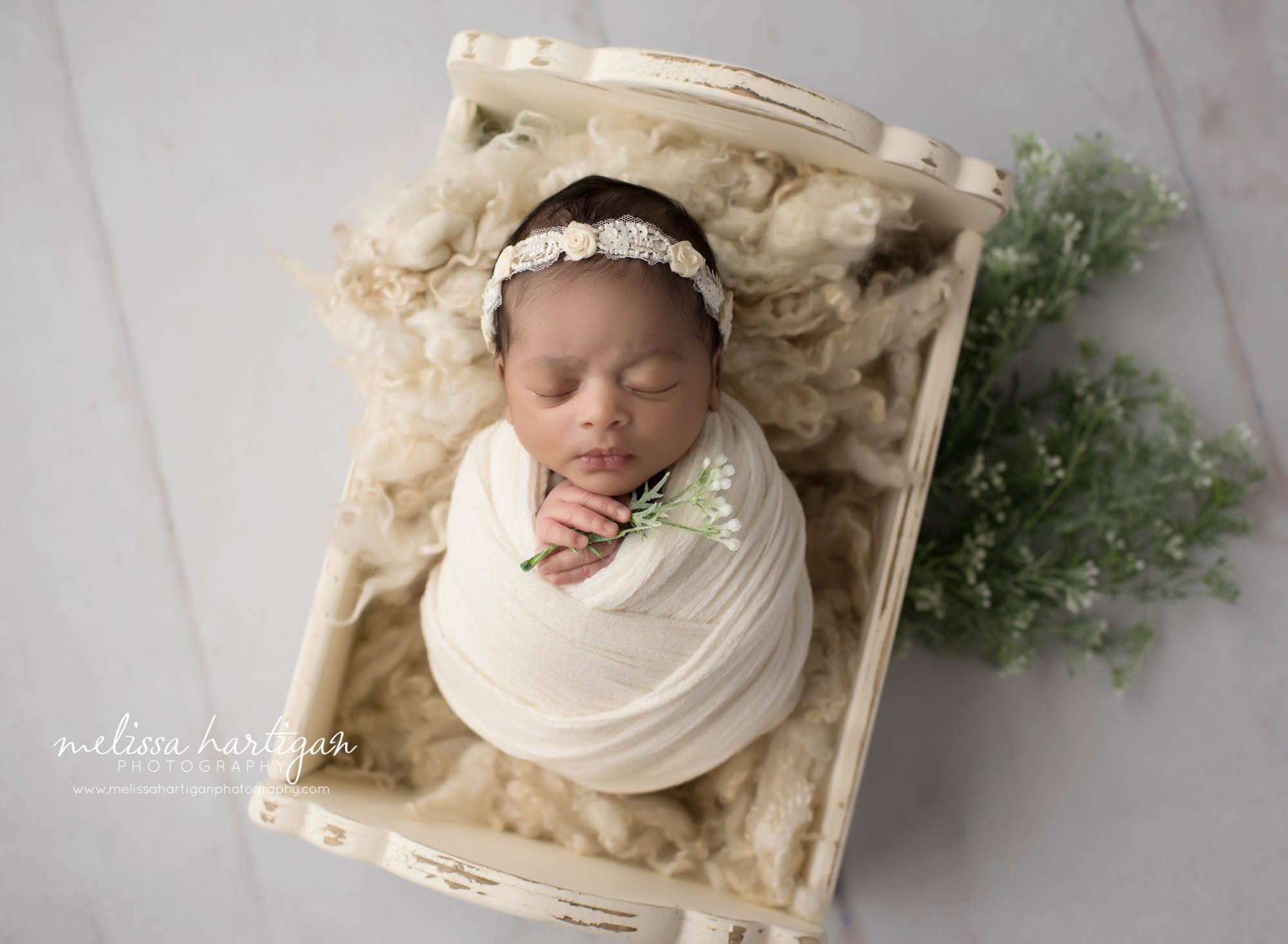 newborn baby girl posed in cradle with cream wrap cream headband and holding green flower stem CT newborn photography
