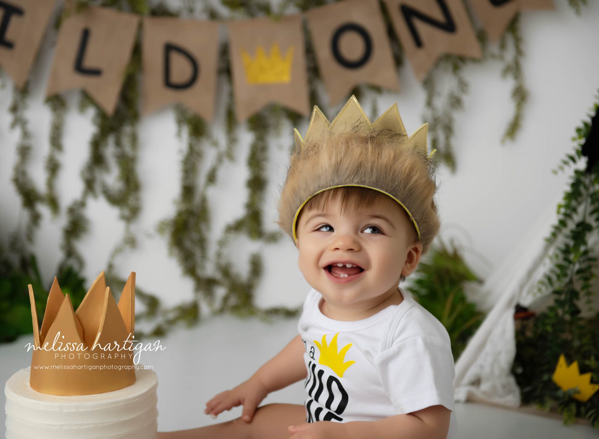 baby boy sitting next to wild one themed cake smiling happy baby Connecticut baby photographer