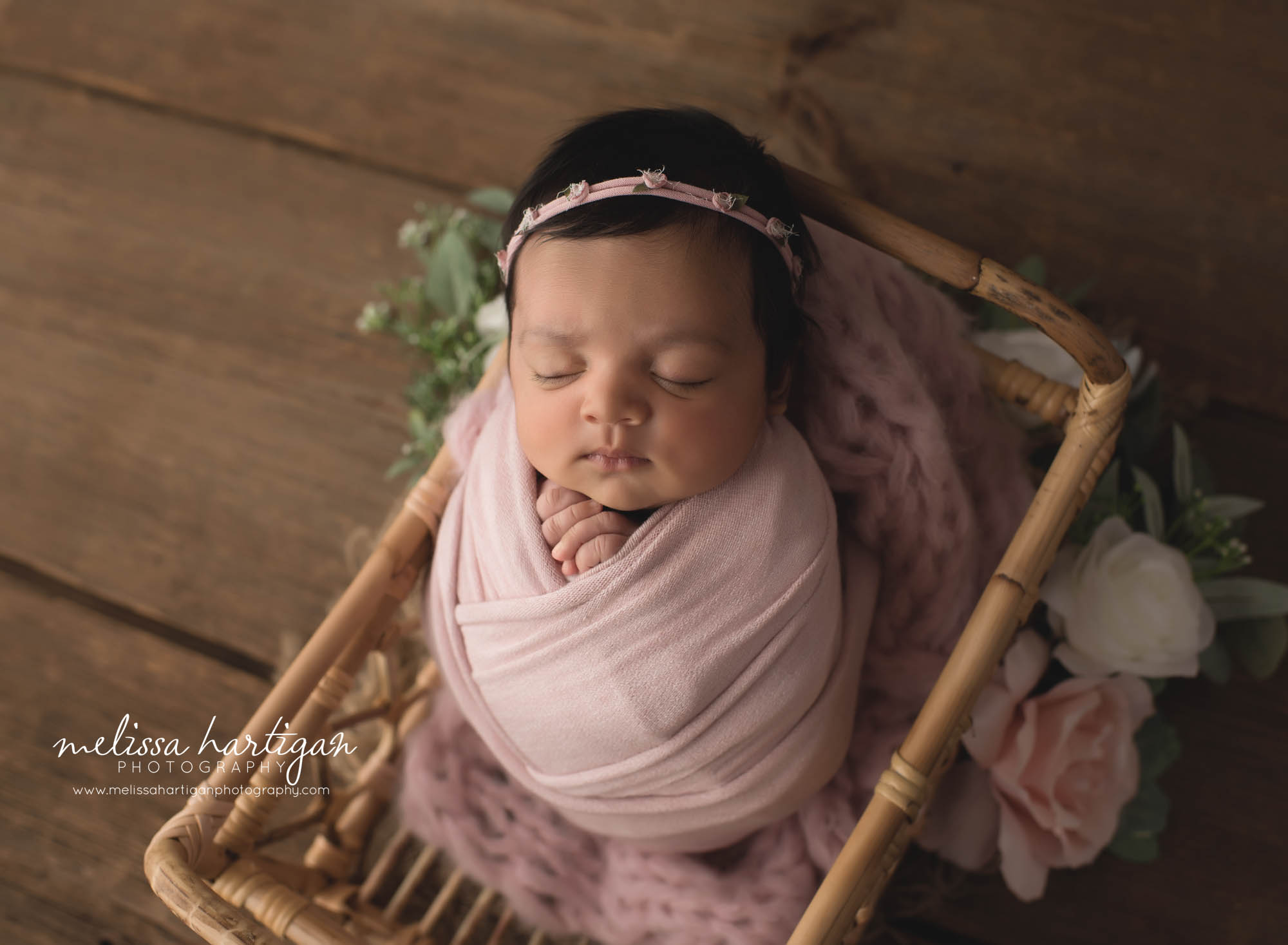 newborn abby girl wrappe din soft baby pink wrap with dainty flower headband CT newborn photography