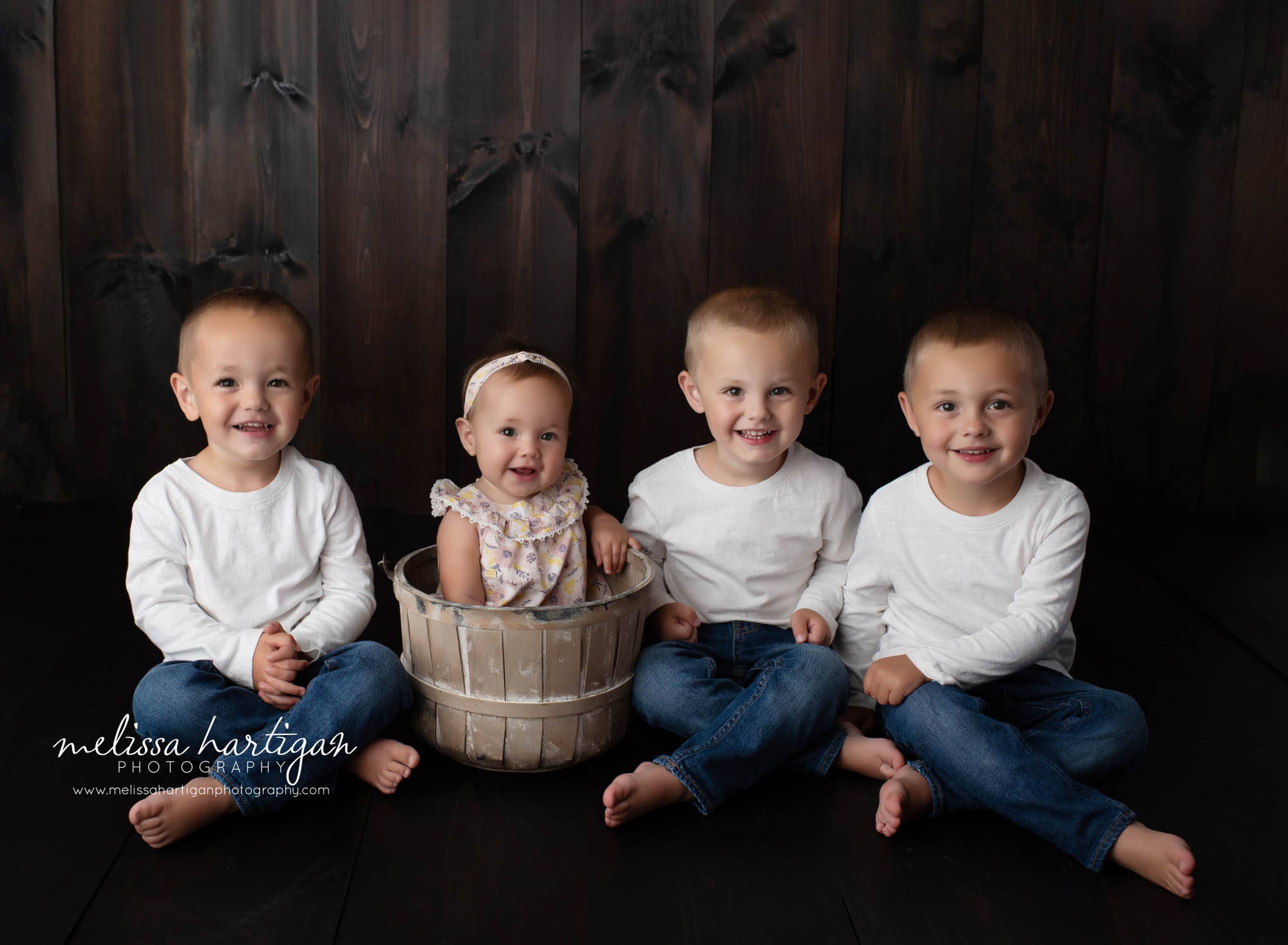 baby girl sitting up with her older brothers family photo Connecticut baby photographer