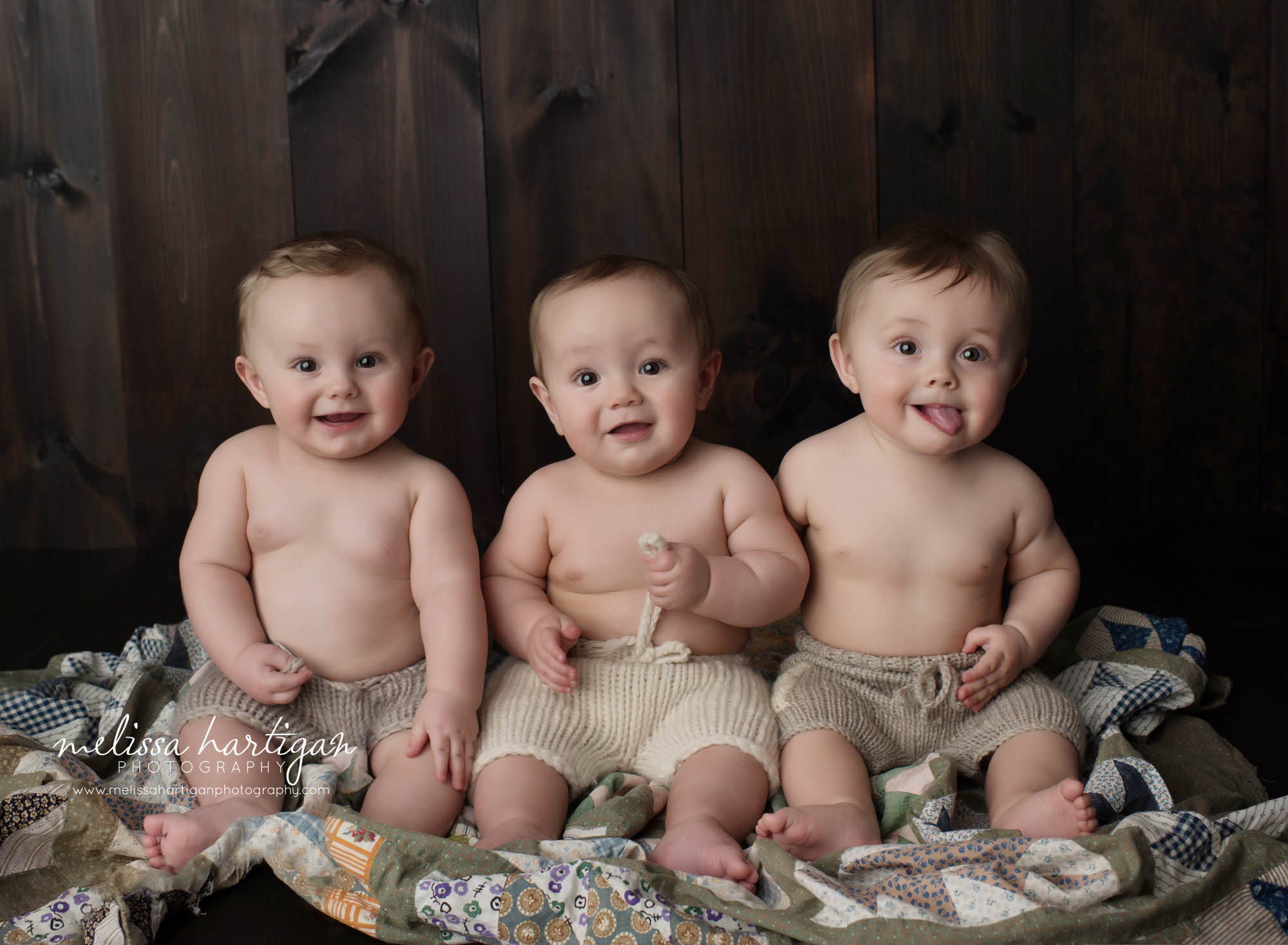 triplet brothers sitting up in studio baby milestone photo