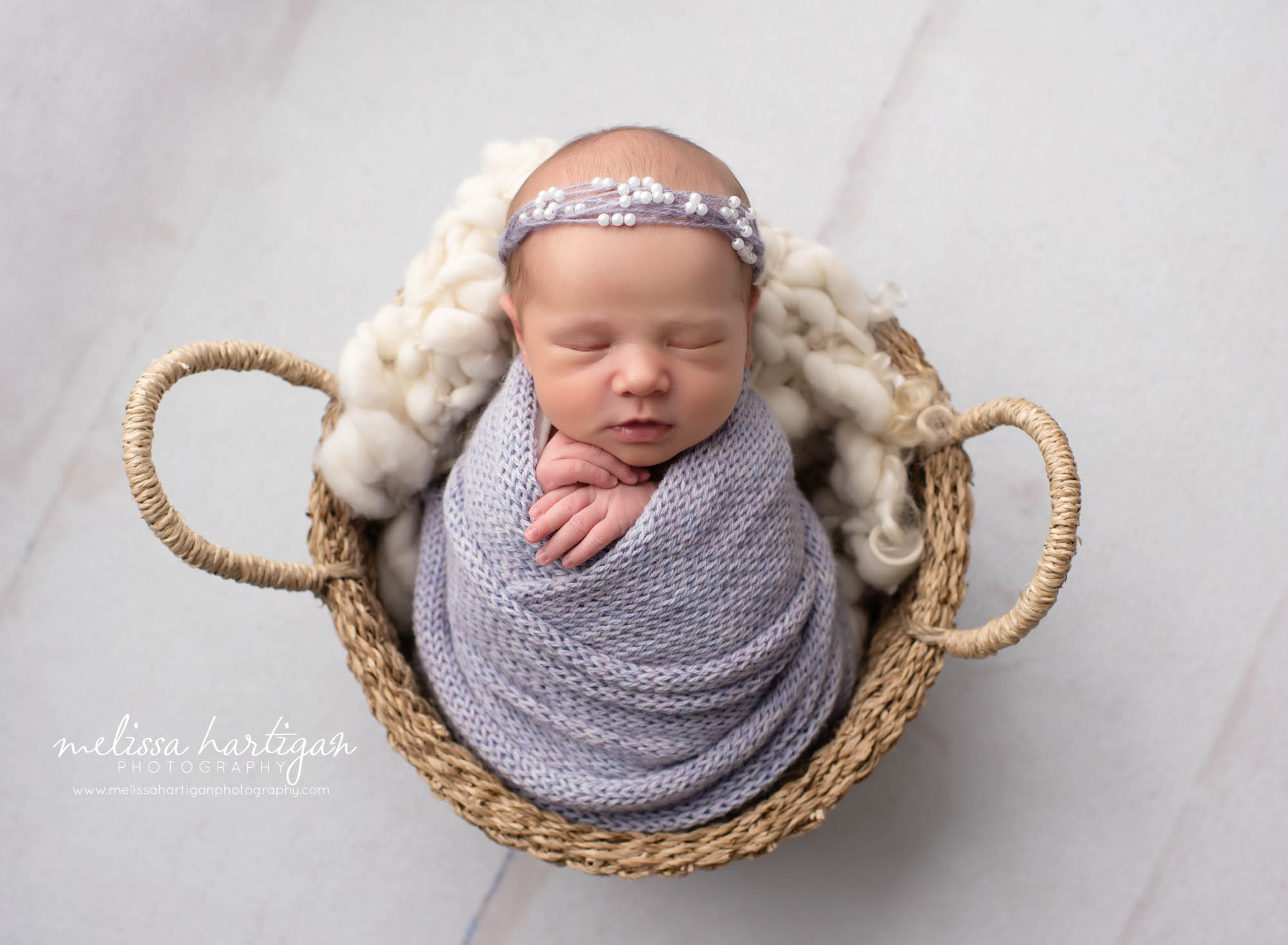 baby girl wrappe din purple knitted wrap with bead headband South Windsor Newborn Photography