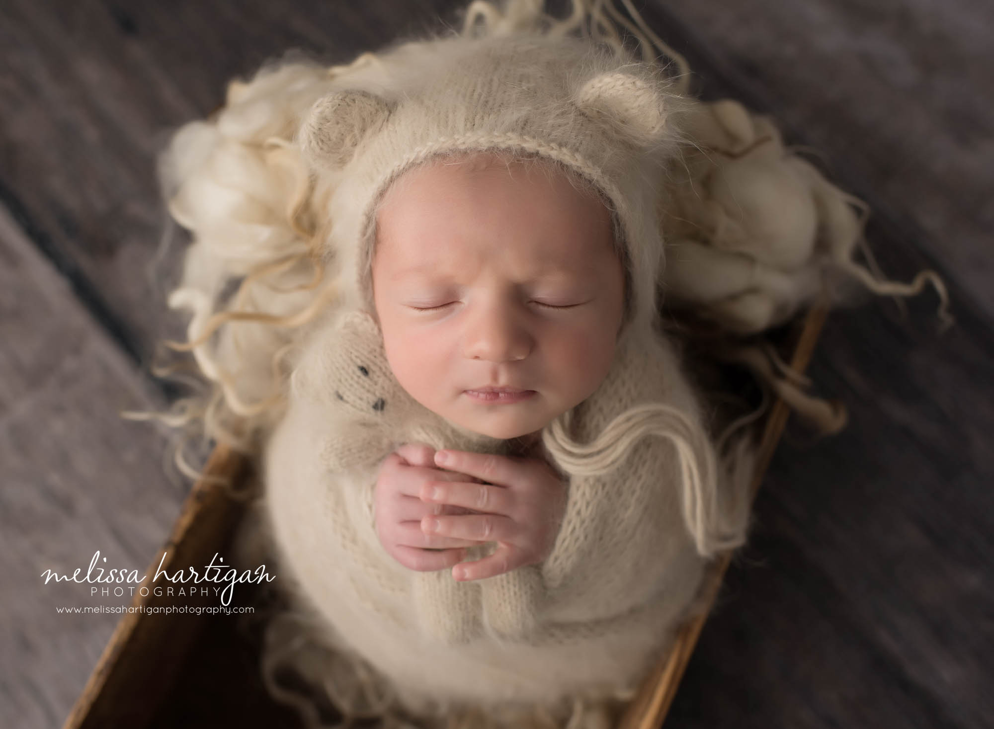 newborn baby boy wrapped in knitted wrap with matching bonnet and knitted angora teddy bear with neutral earth tone colors tolland county newborn photographer