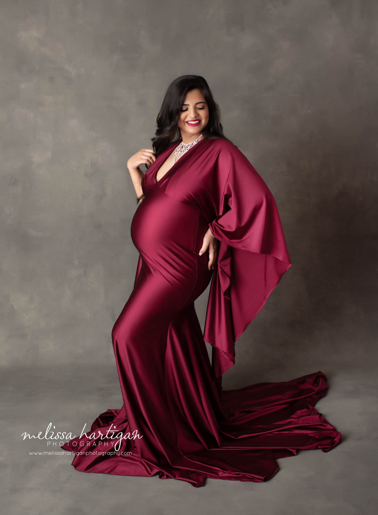 pregnant mom wearing long maternity gown with sleeves CT maternity photography