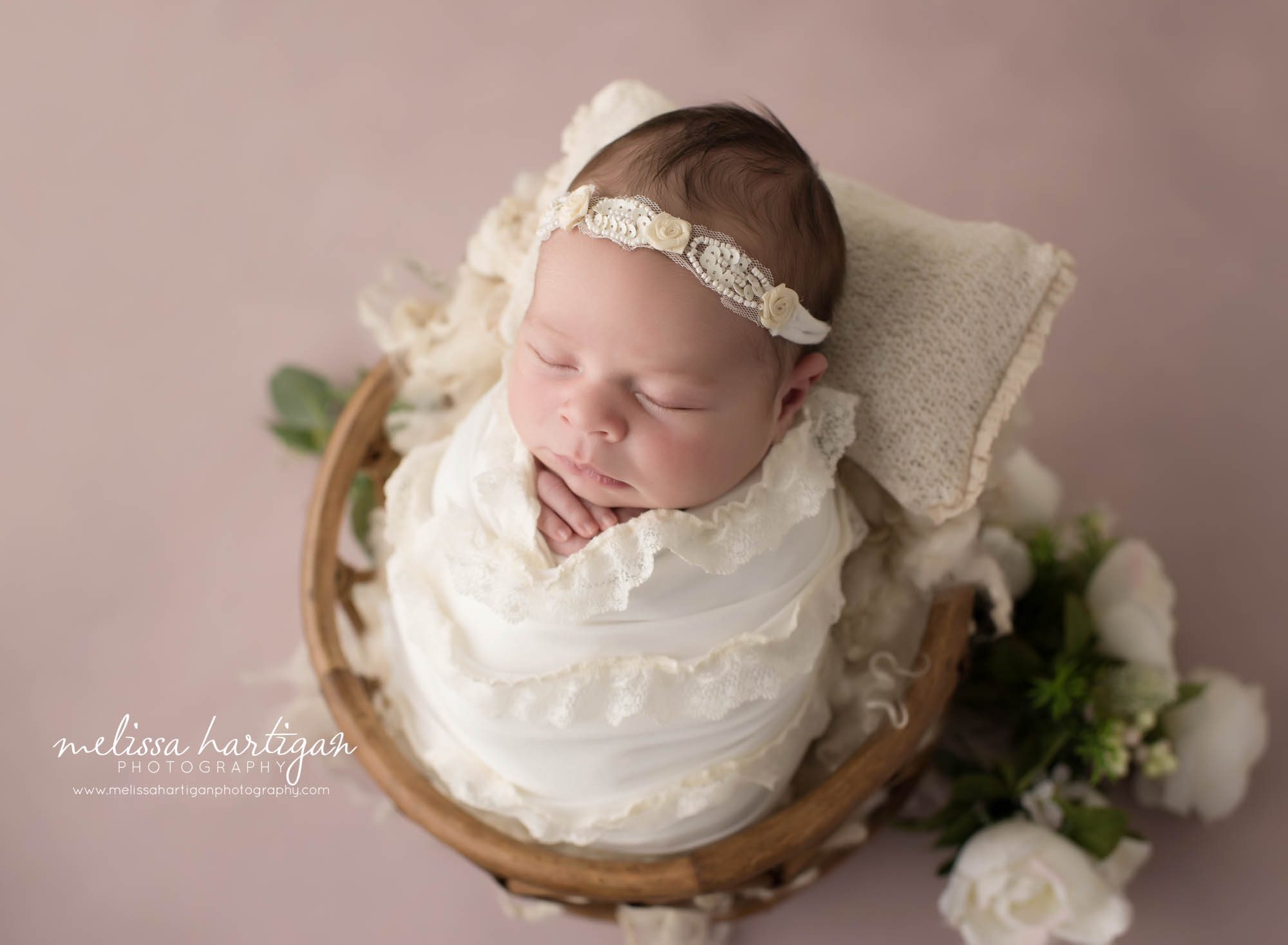 newborn baby girl wrapped in wrap lace wrap with matching headband CT newborn photography