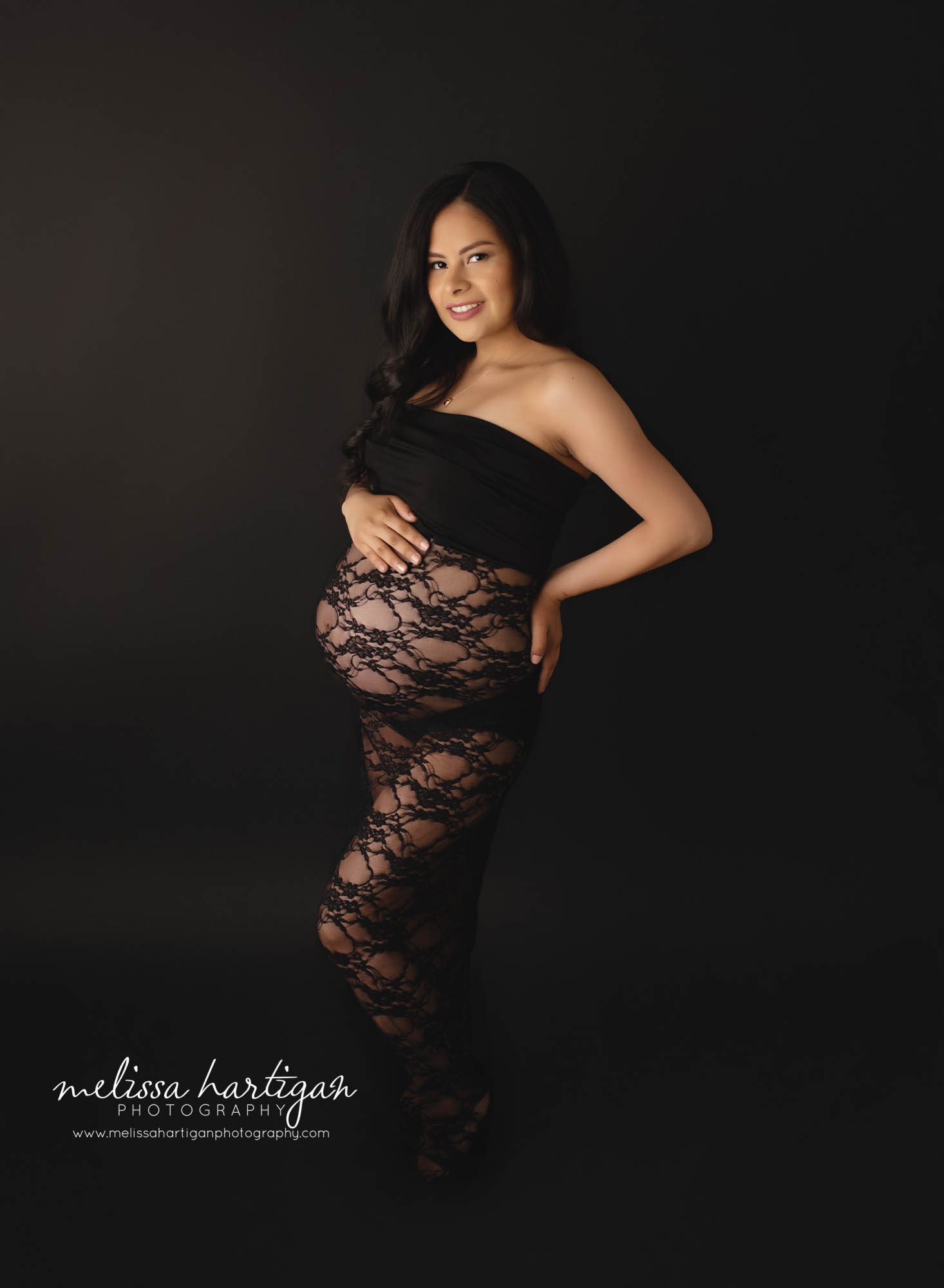 happy smiling pregnant mama wearing black lace maternity gown studio maternity session CT maternity Photography