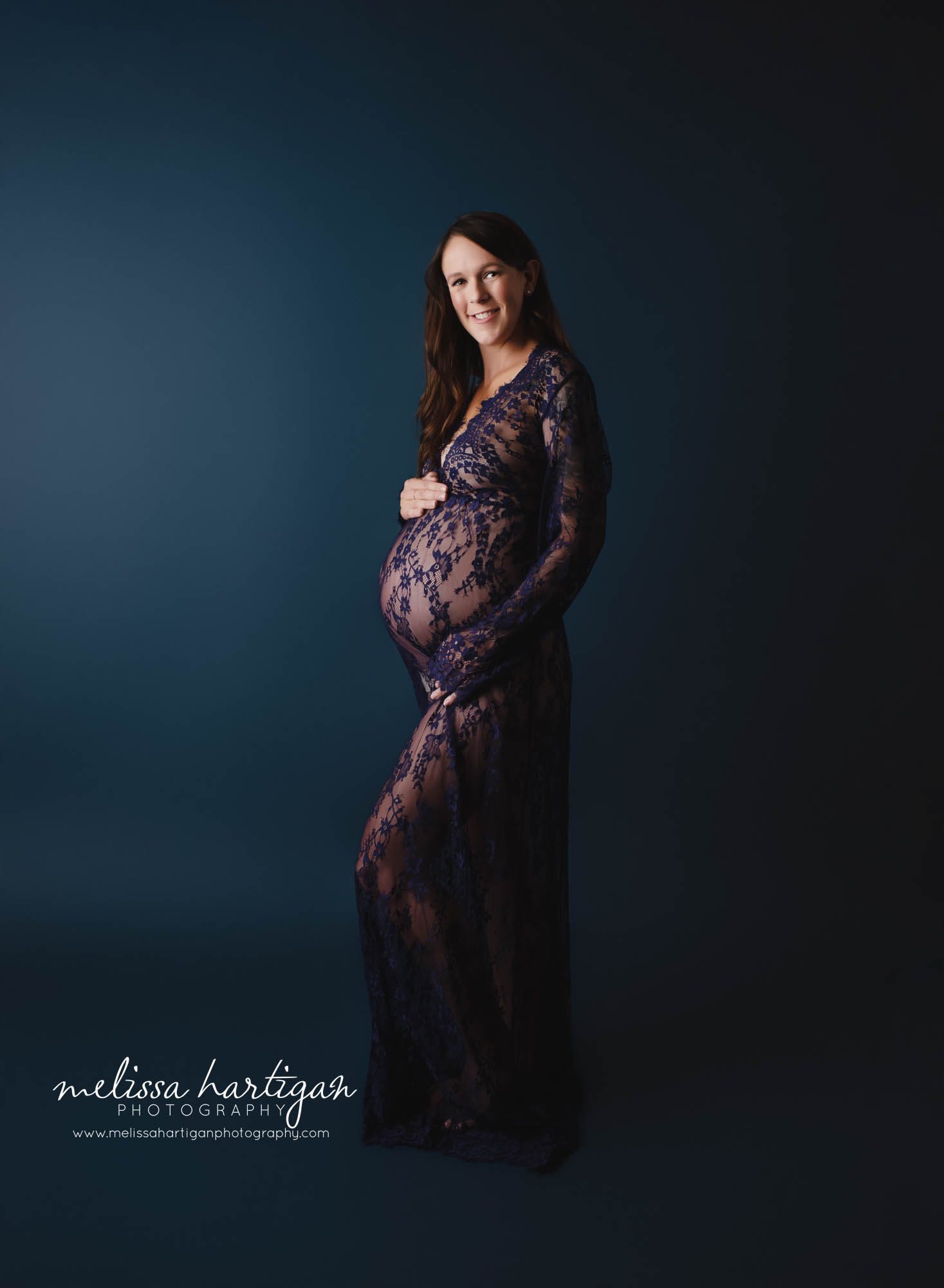 mom to be wearing blue lace maternity gown maternity photography tolland county