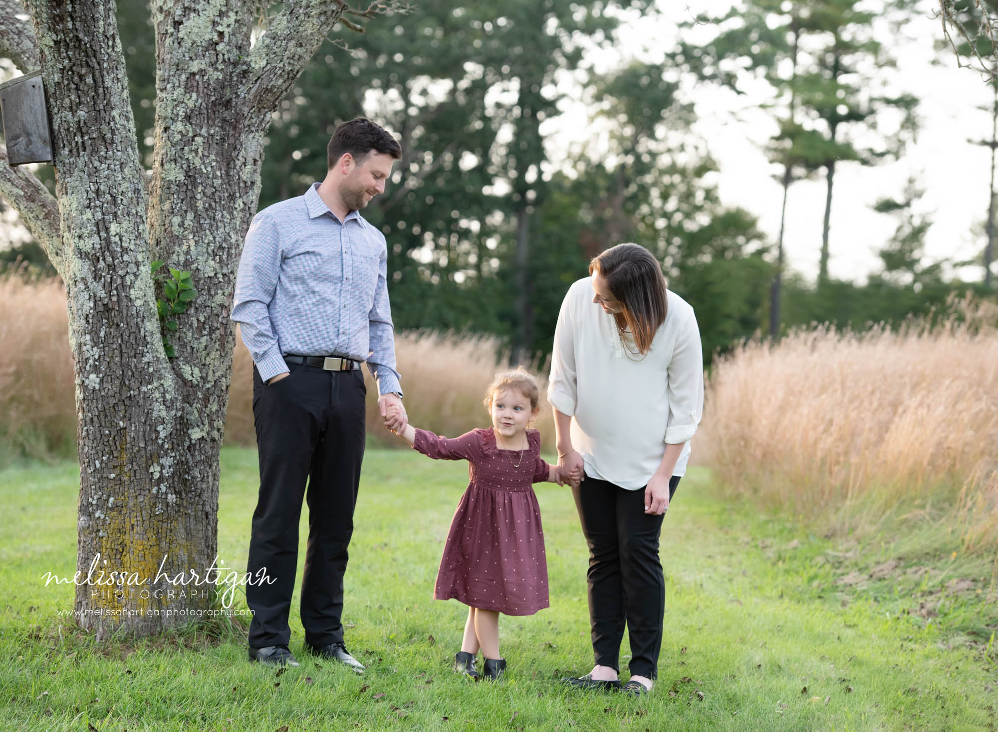 daughter standing in middle holding mom and dads hands standing next to tree family photography