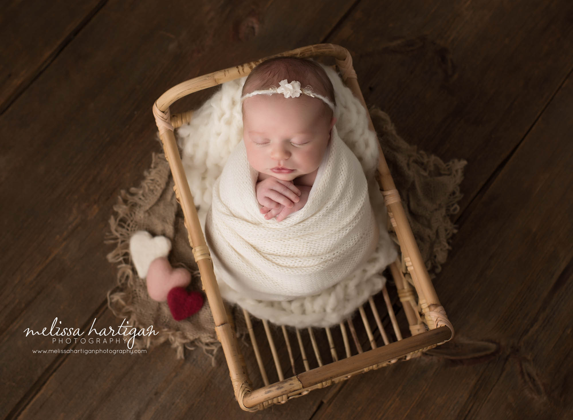 nebworn baby girl posed in basket with three heart felted props