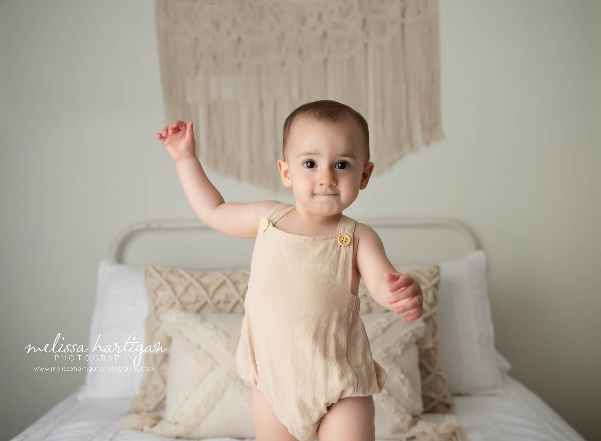 baby boy standing on bed baby photography CT