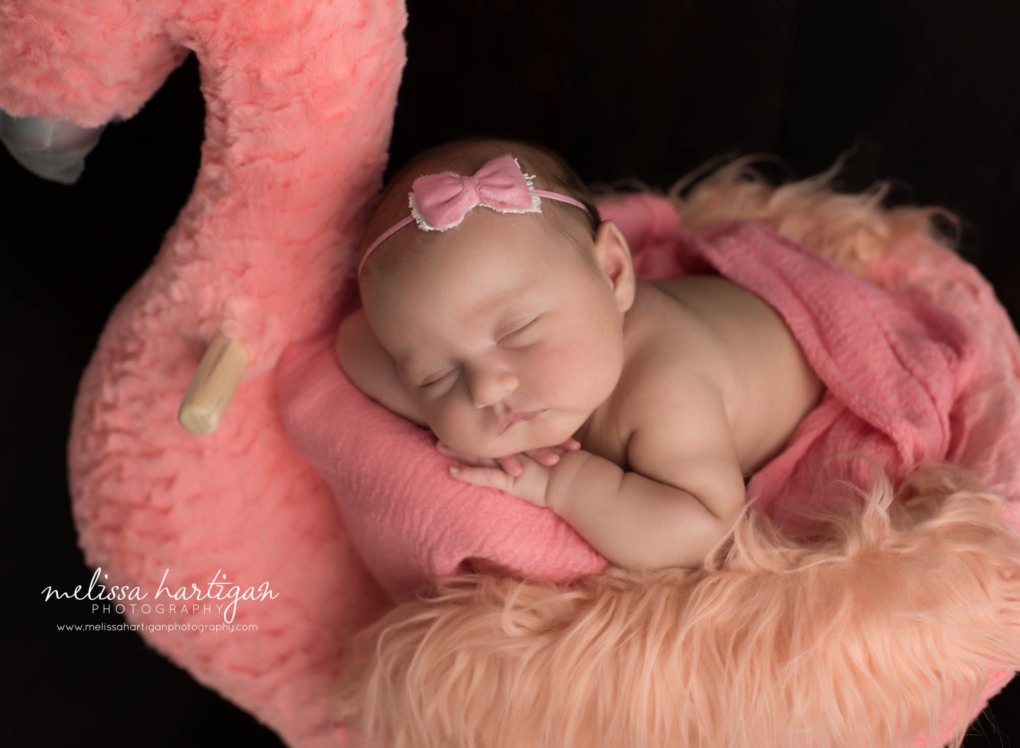 newborn baby girl posed on flamingo prop wearing pink bow headband newborn photography new london county