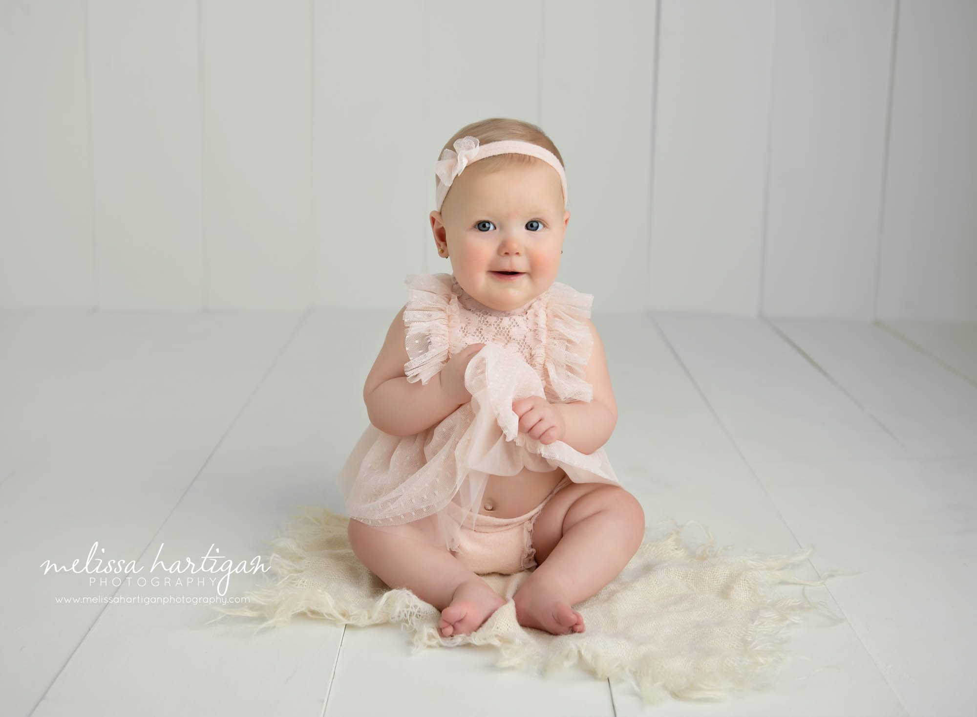 baby girl sitting up baby milestone session CT photography studio