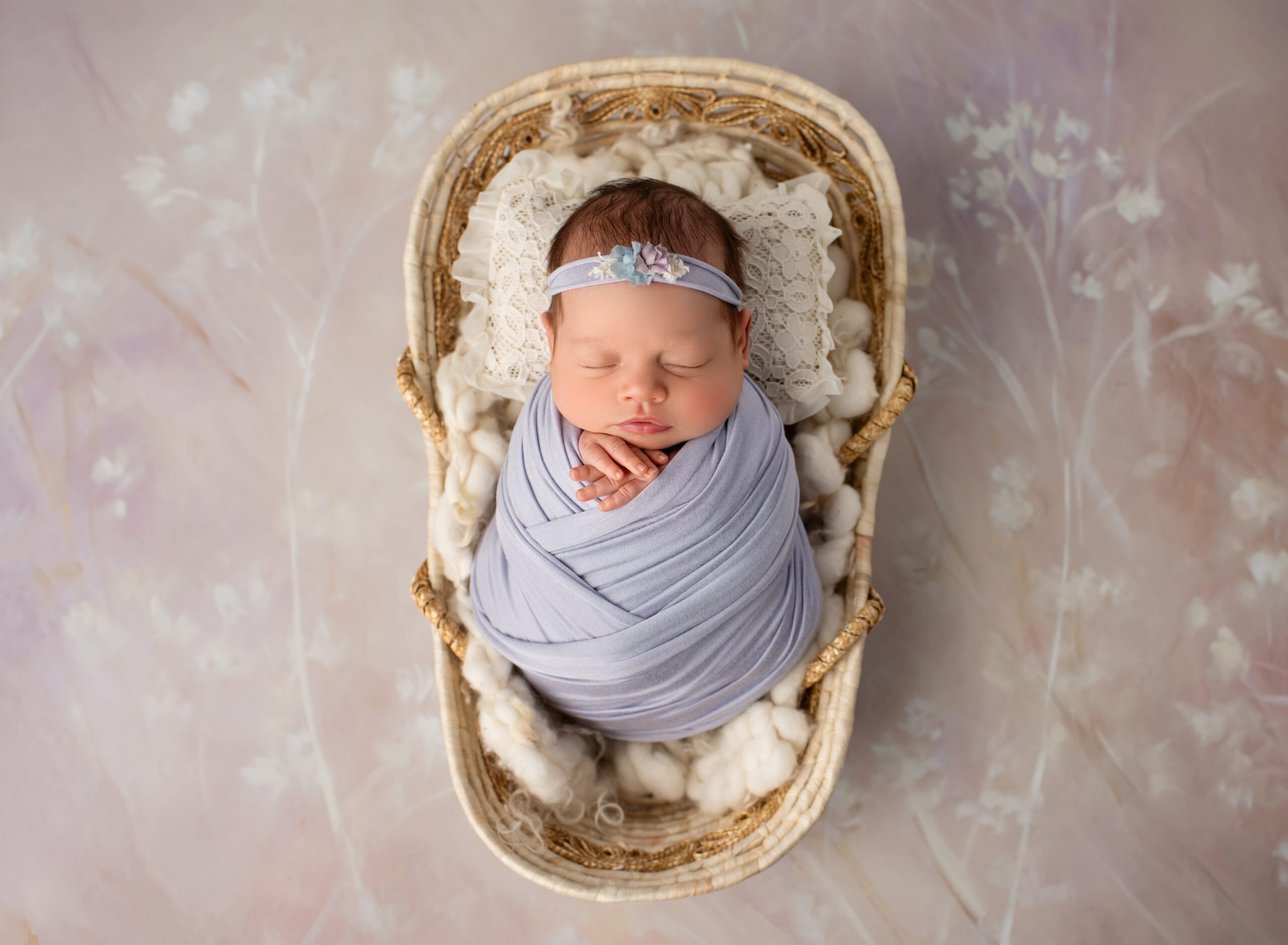 newborn baby girl posed in wicker basinet prop Chaplin CT Newborn Photography