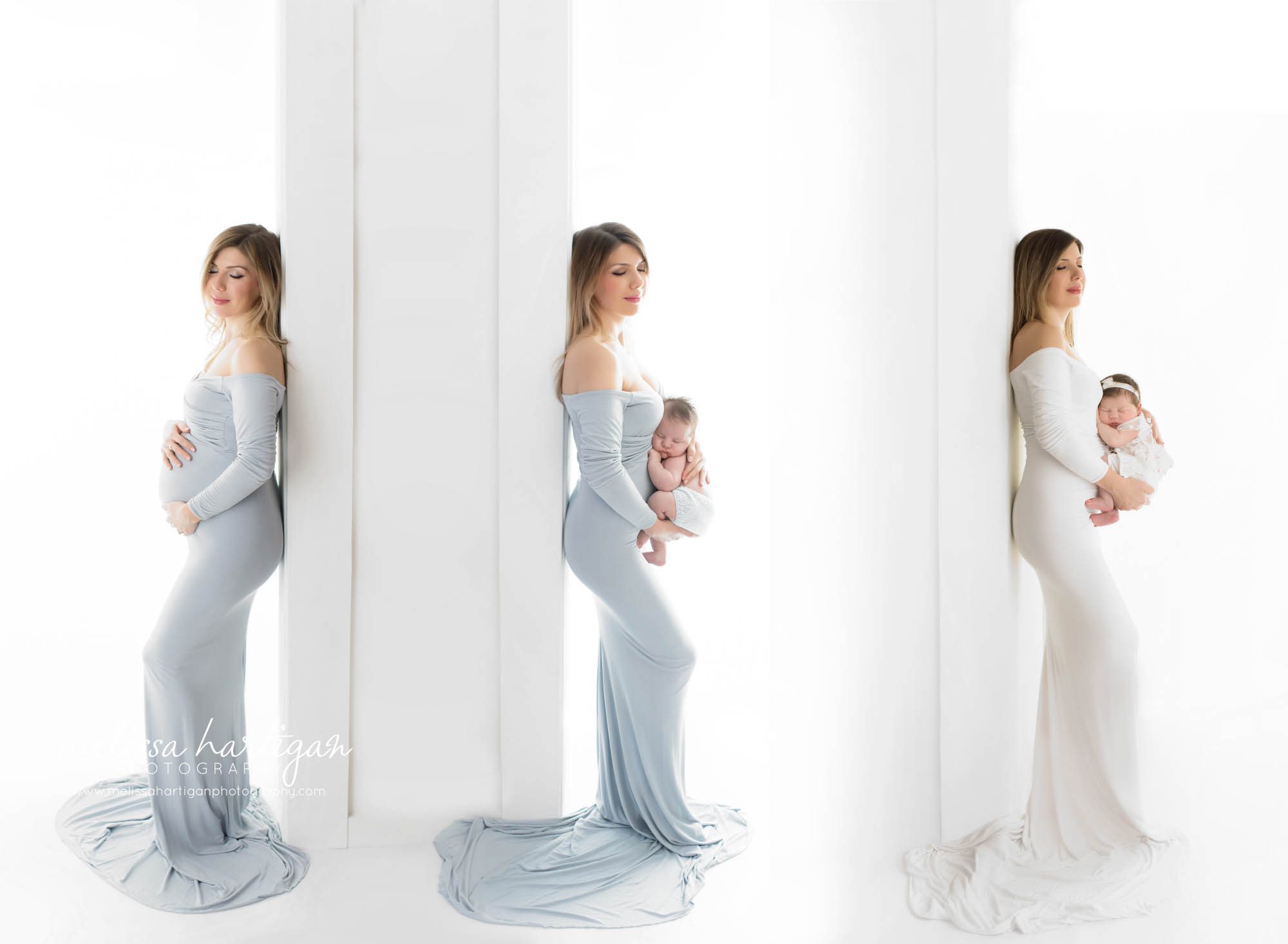 Mom posed in collage of maternity and newborn poses with newborn baby son and newborn baby daughter Newborn Photography Farmington CT