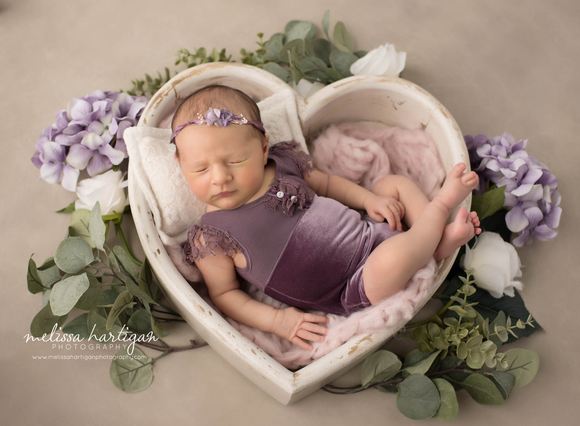 newborn baby girl posed in wooden heart prop