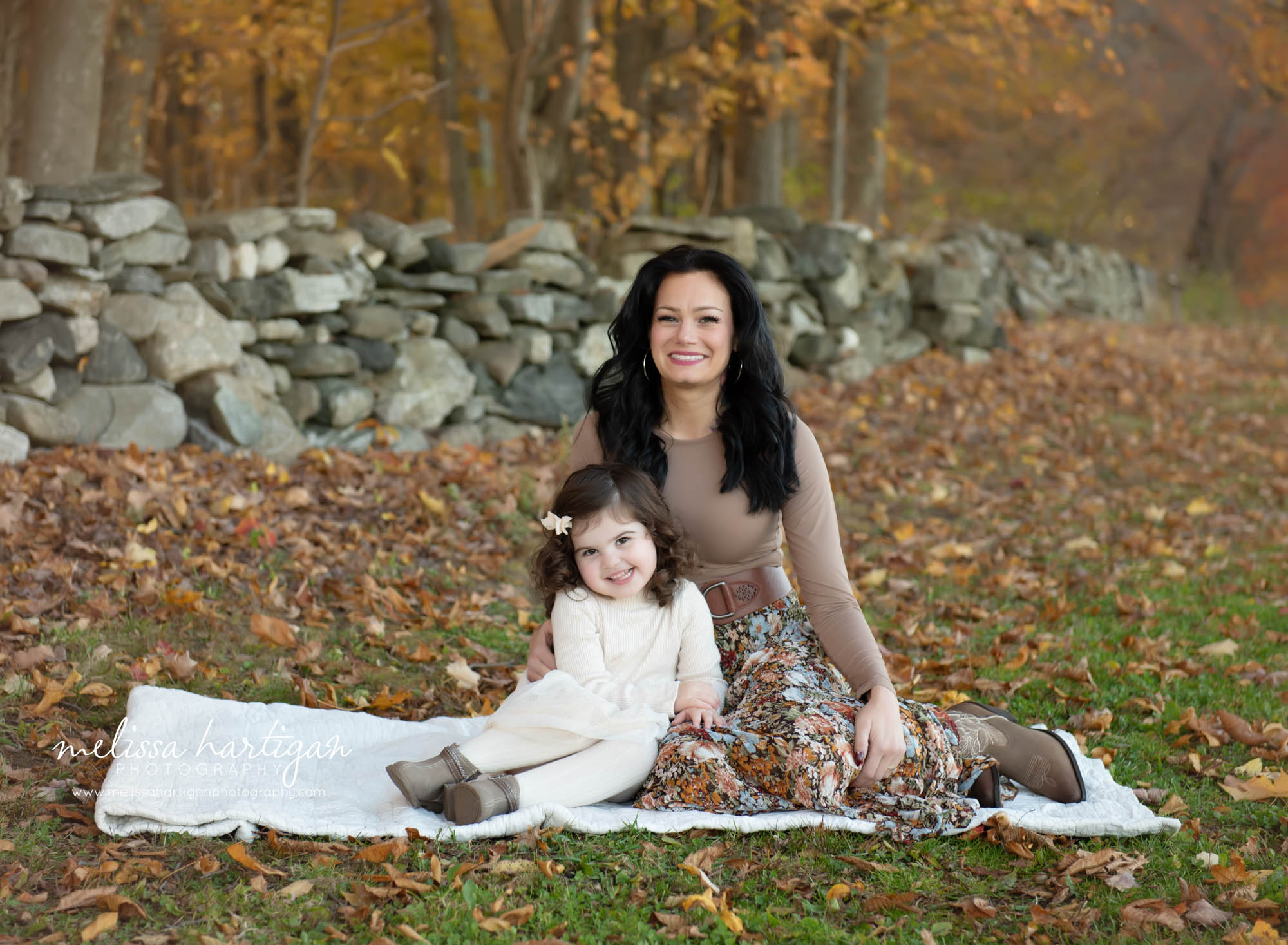 Mom sitting with daughter on blanket on grass