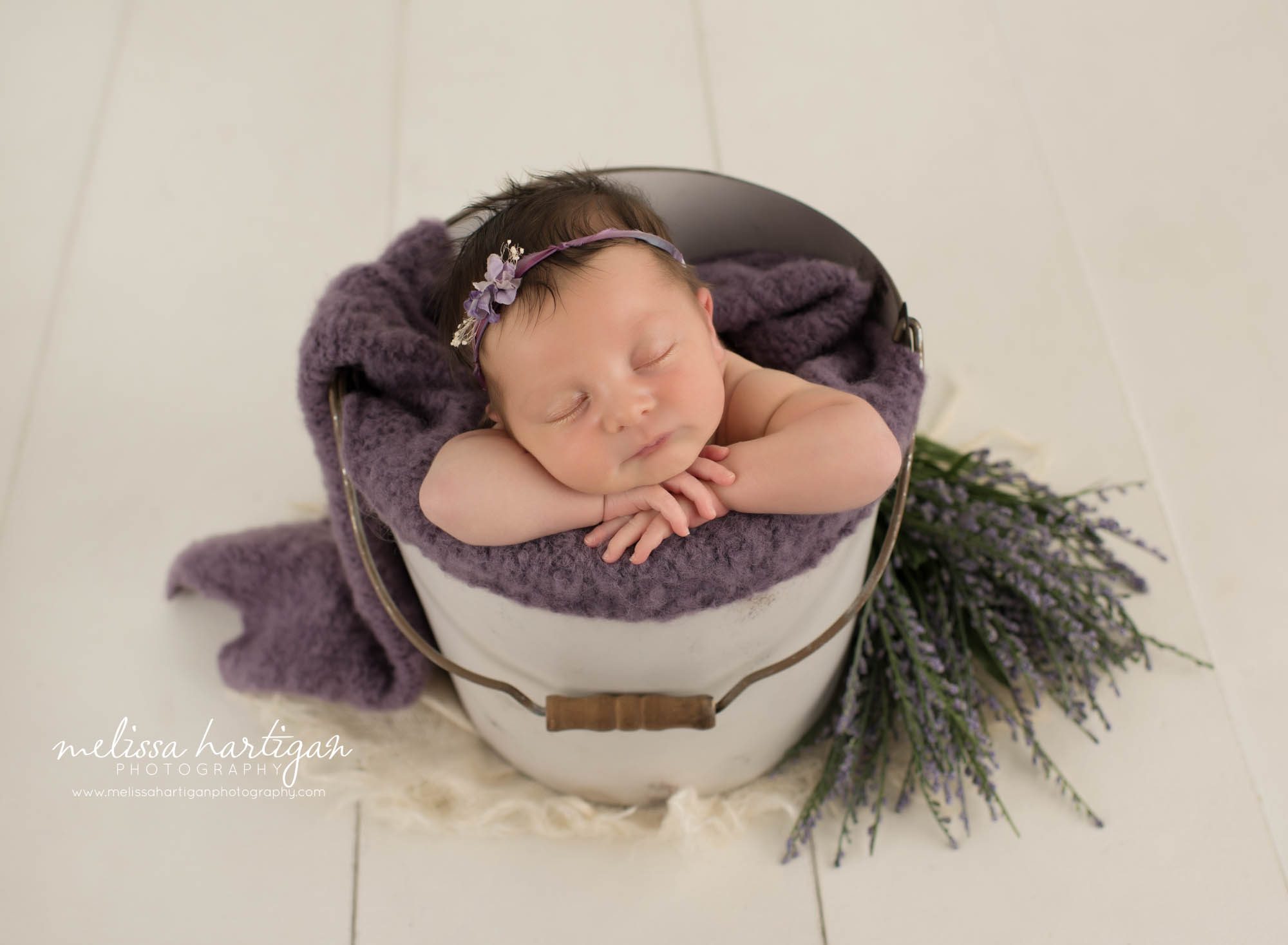 Newborn baby girl posed in bucket with lavender Vernon CT Newborn Photography