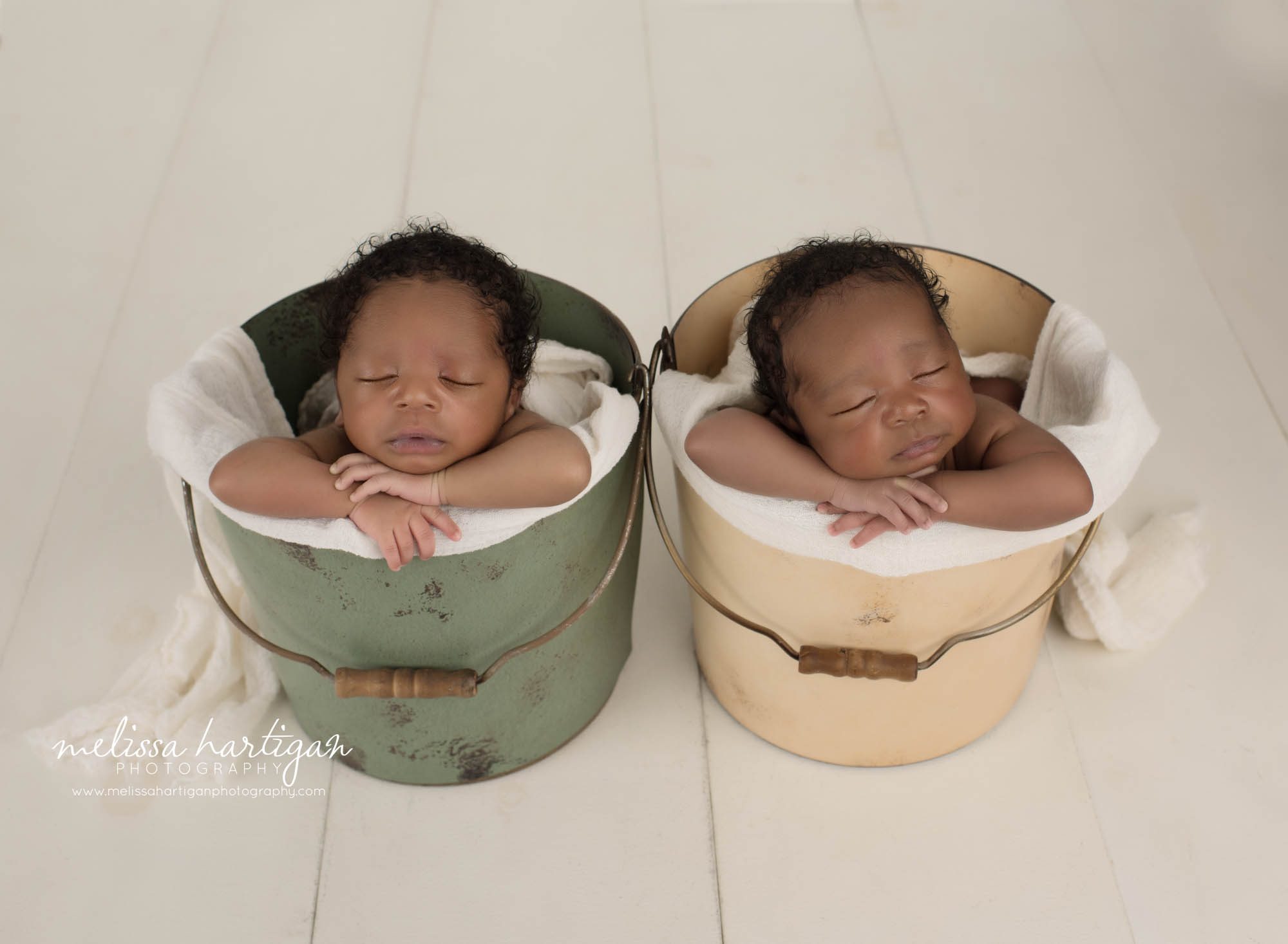 Twin boys posed in buckets