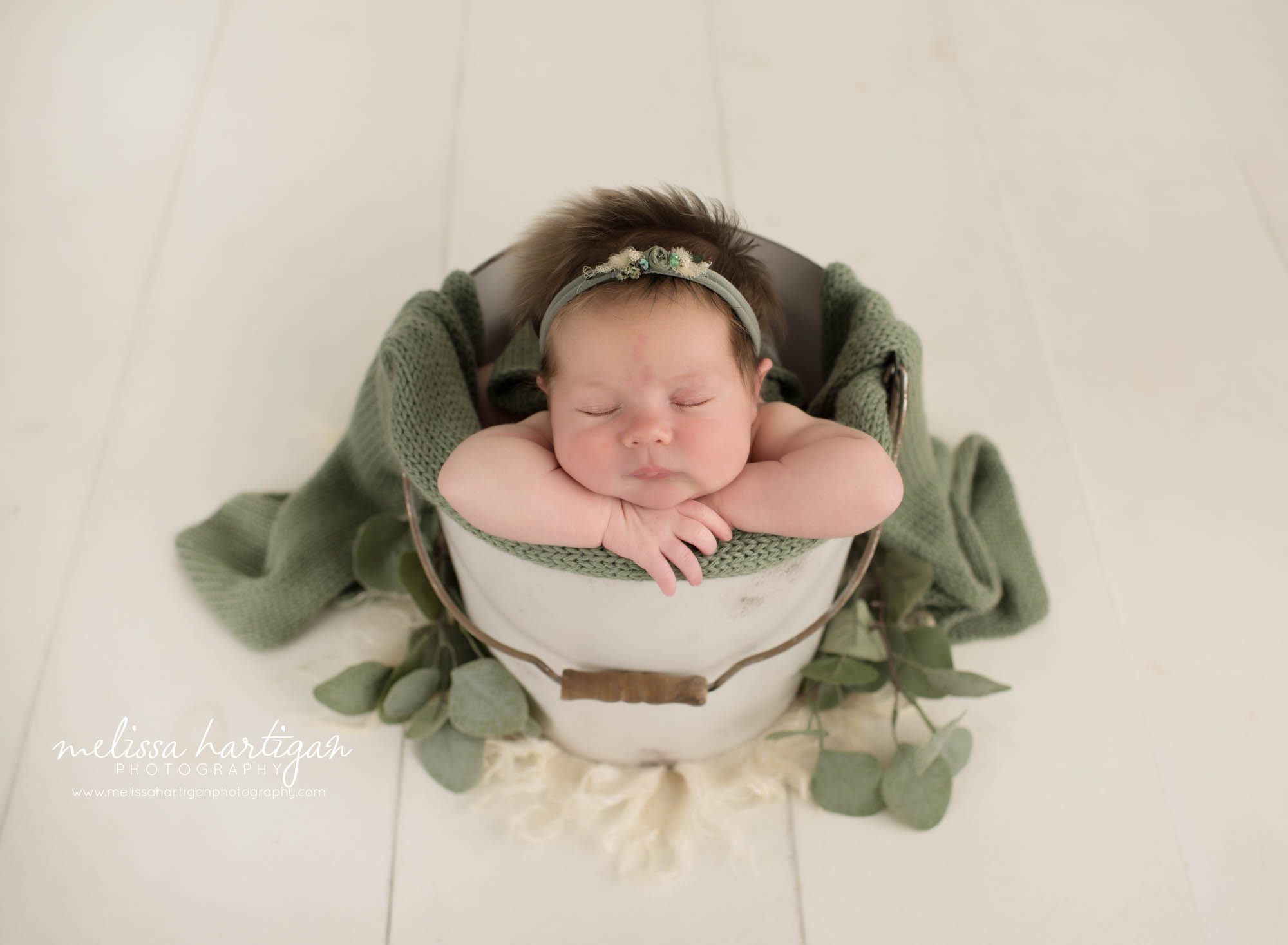 Newborn baby girl posed in bucket with greenery foilage Hebron CT Newborn Photography